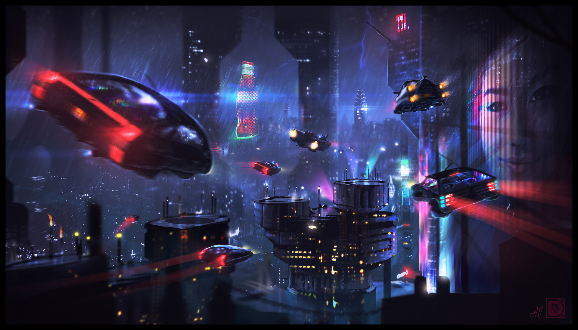 General 1920x1097 cyberpunk science fiction flying car night city rain cityscape neon futuristic red face