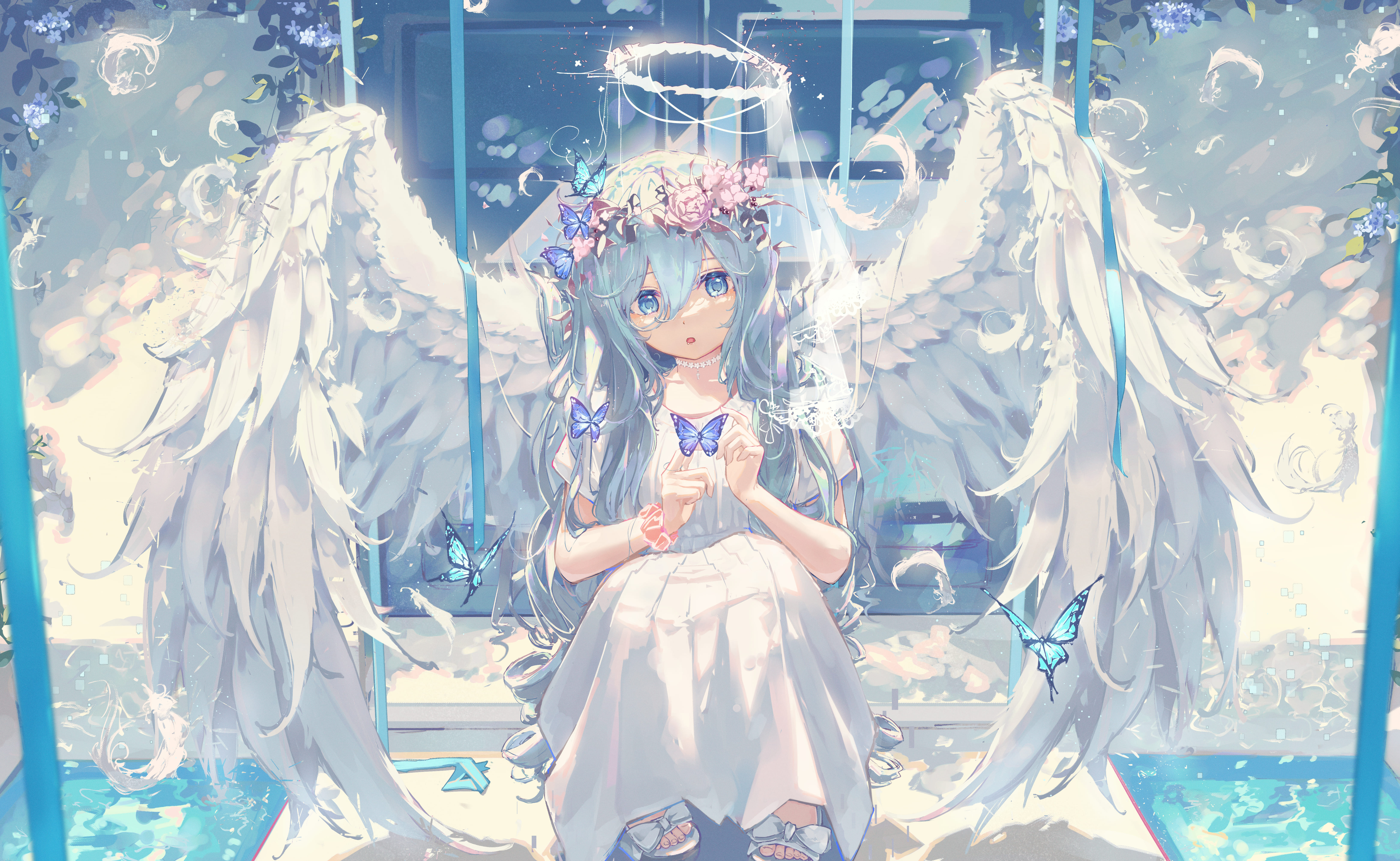 Anime 6535x4019 anime anime girls butterfly wings angel flower crown dress white dress sitting looking at viewer blue hair blue eyes artwork Fuunyon
