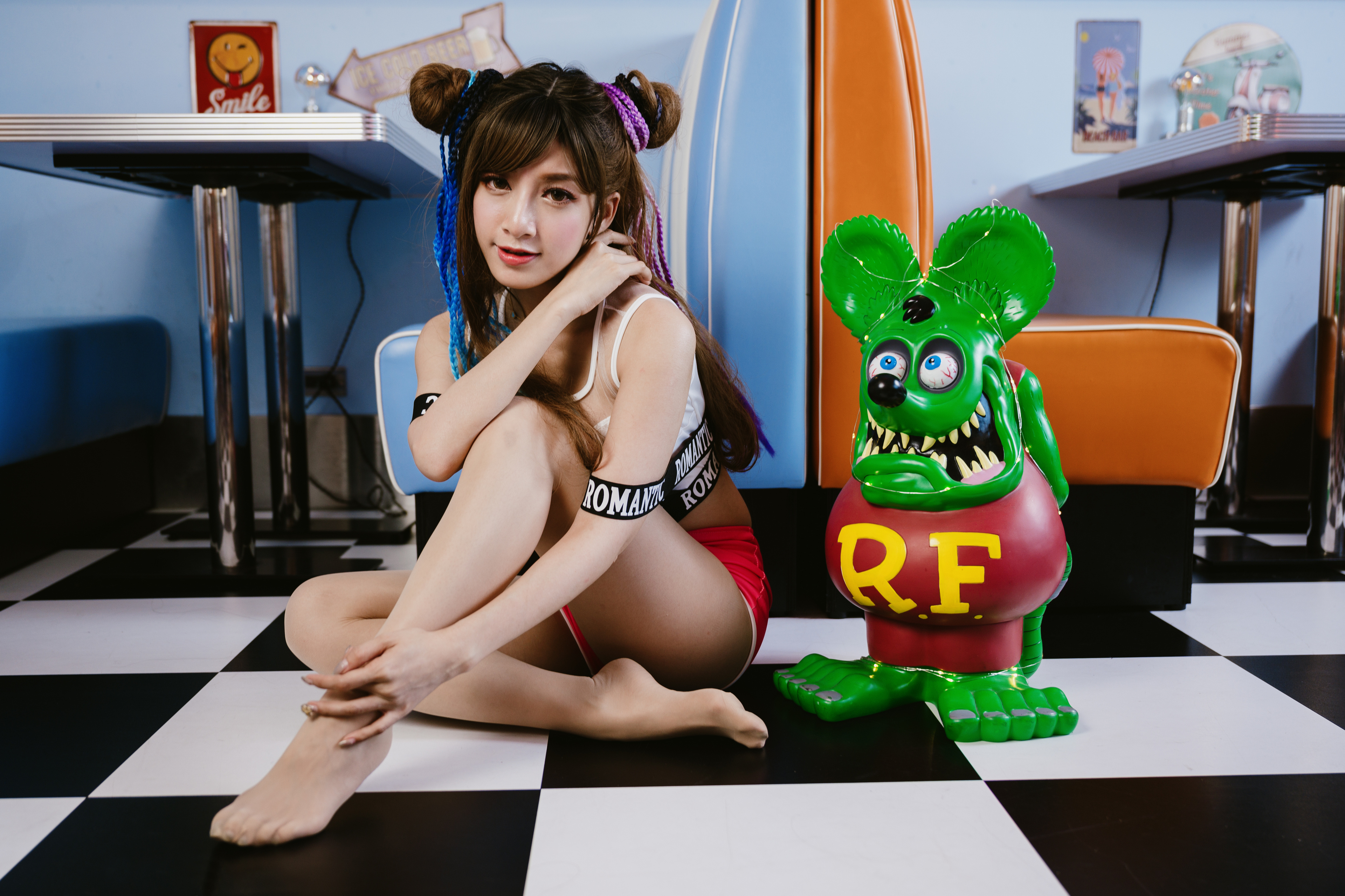 People 3840x2560 Asian model women sitting long hair twintails hairband nylons short tops table bench red shorts figurines dark hair chess floor