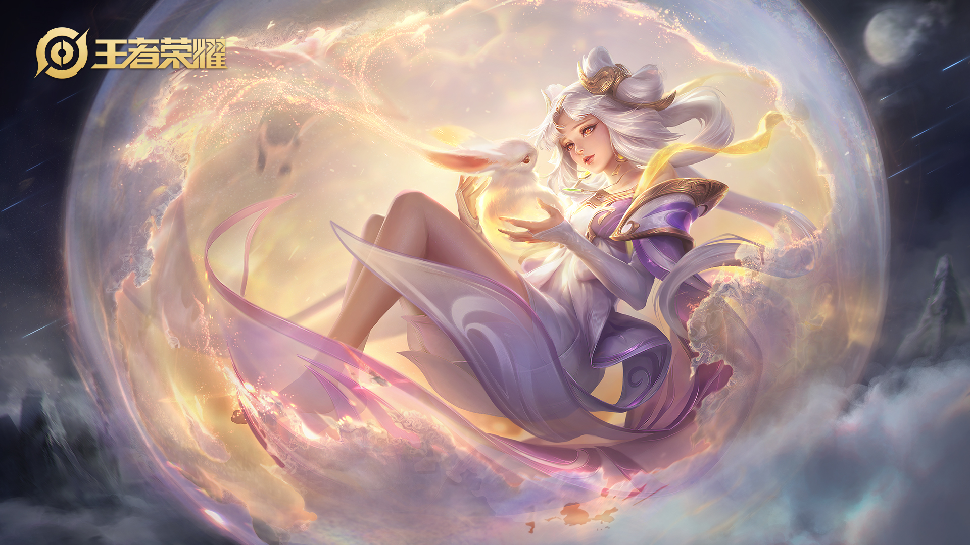 Anime 1920x1080 anime games Honor of Kings legs silver hair Chinese clothing Chang'e animals rabbits