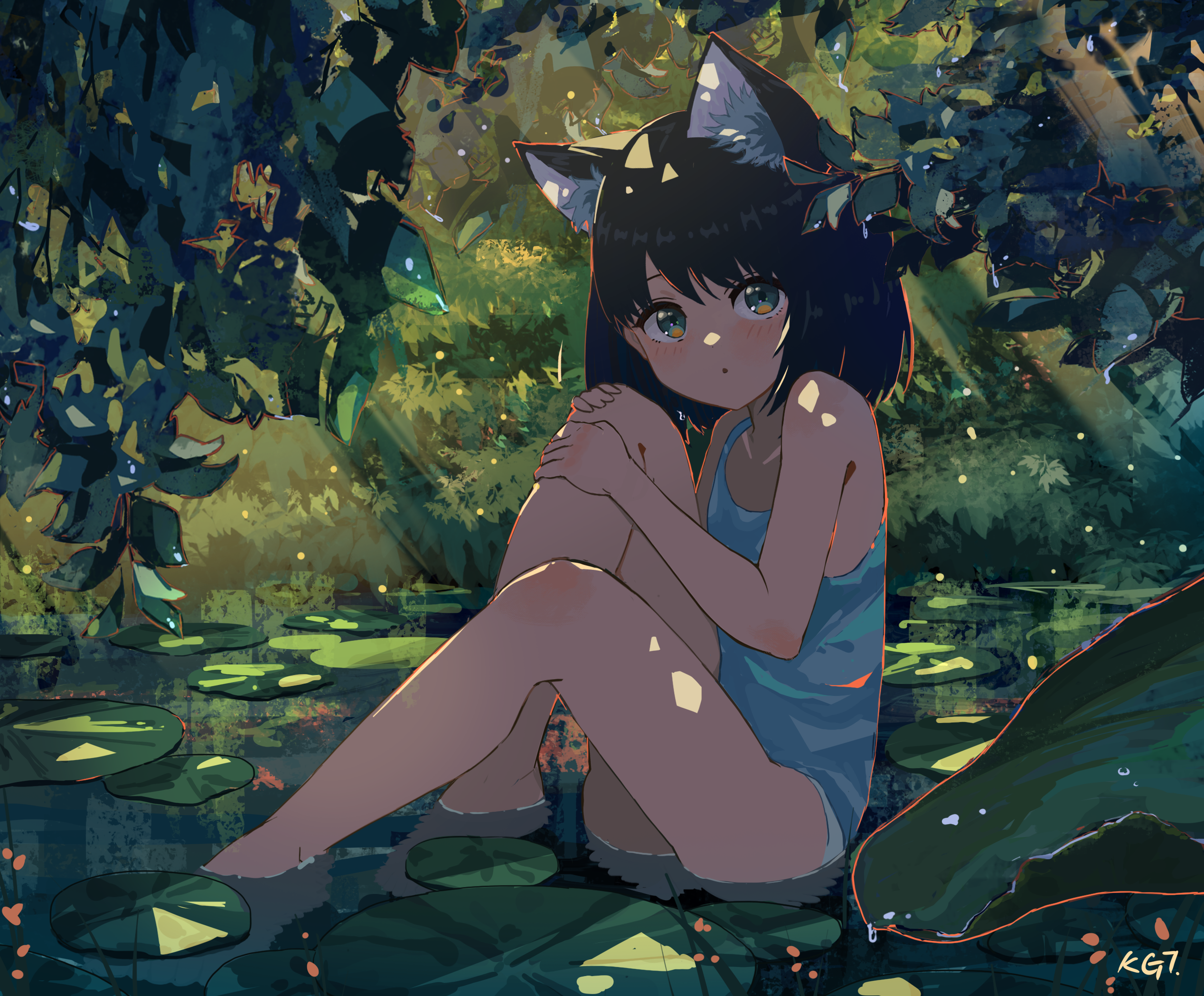 Anime 2536x2098 animal ears anime girls forest KGT anime in water water cat girl loli