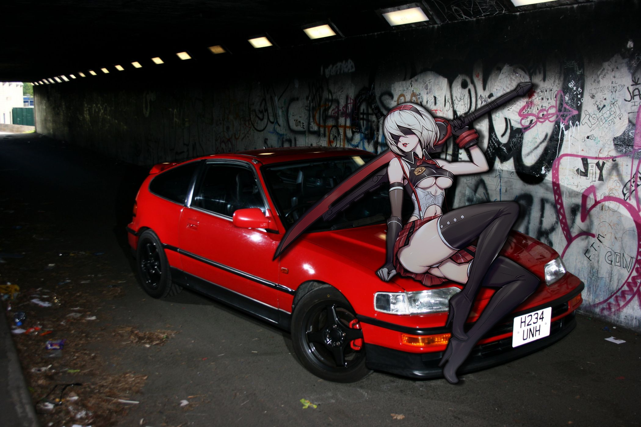 Anime 2100x1400 Nier: Automata Honda CRX Japanese cars anime girls panties underboob belly