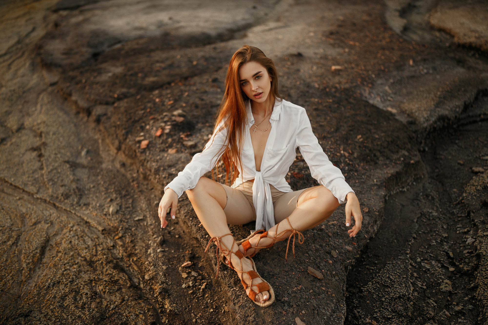 People 2000x1333 women white shirt women outdoors sitting sandals redhead crucifix necklace long hair outdoors spread legs necklace looking at viewer dyed hair red lipstick Ivan Kovalyov Alika Pavlova pointed toes no bra sensual gaze open mouth on the ground