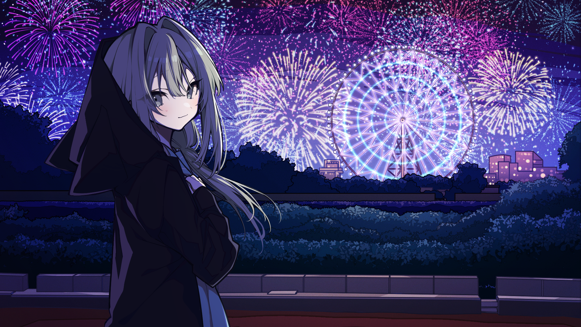 Anime 1920x1080 anime Loopers anime girls fireworks