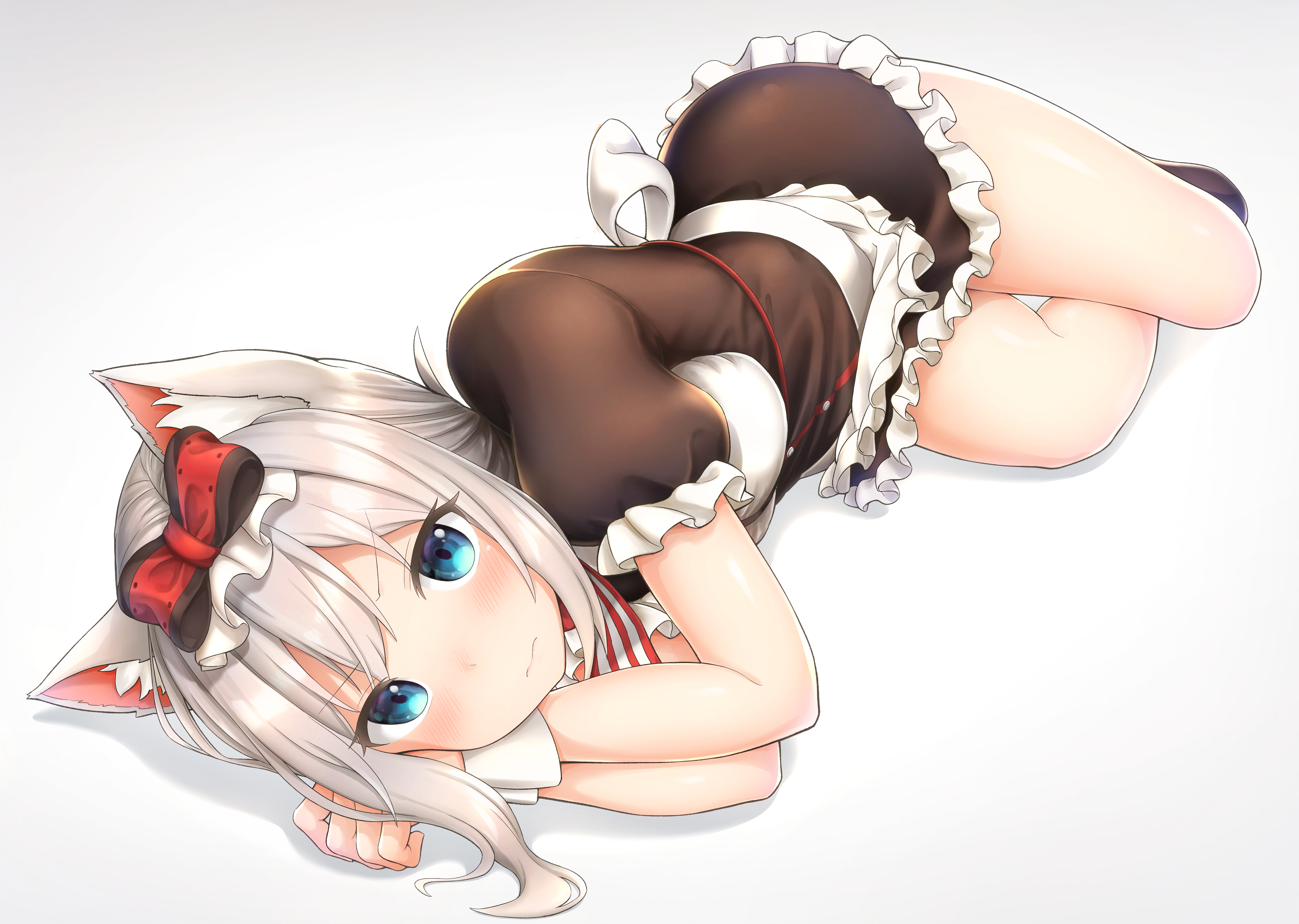Anime 5870x4175 anime cat girl legs white background blue eyes animal ears thighs lying down white hair anime girls maid maid outfit