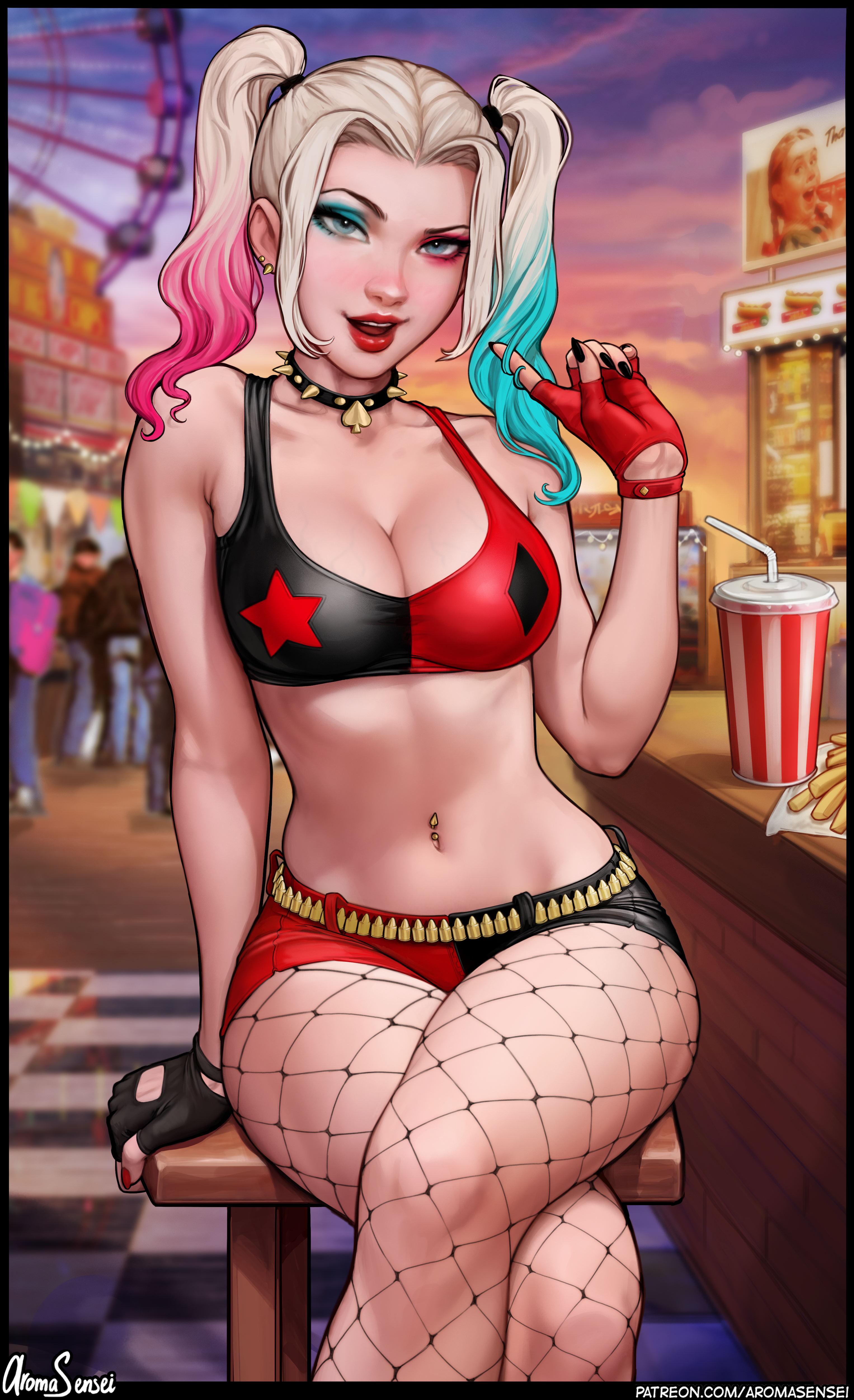 General 3053x5000 Harley Quinn DC Comics fair fictional character pierced navel twintails 2D artwork drawing fan art Aroma Sensei fishnet pantyhose