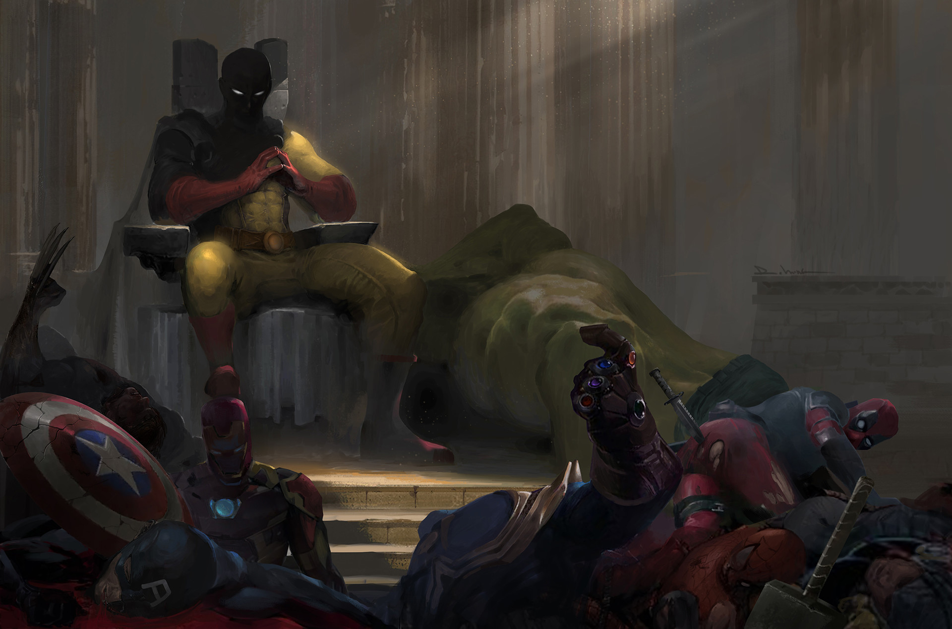 General 1920x1268 Saitama crossover Deadpool Wolverine Iron Man Thanos Captain America Spider-Man Thor (Marvel Comics) digital art