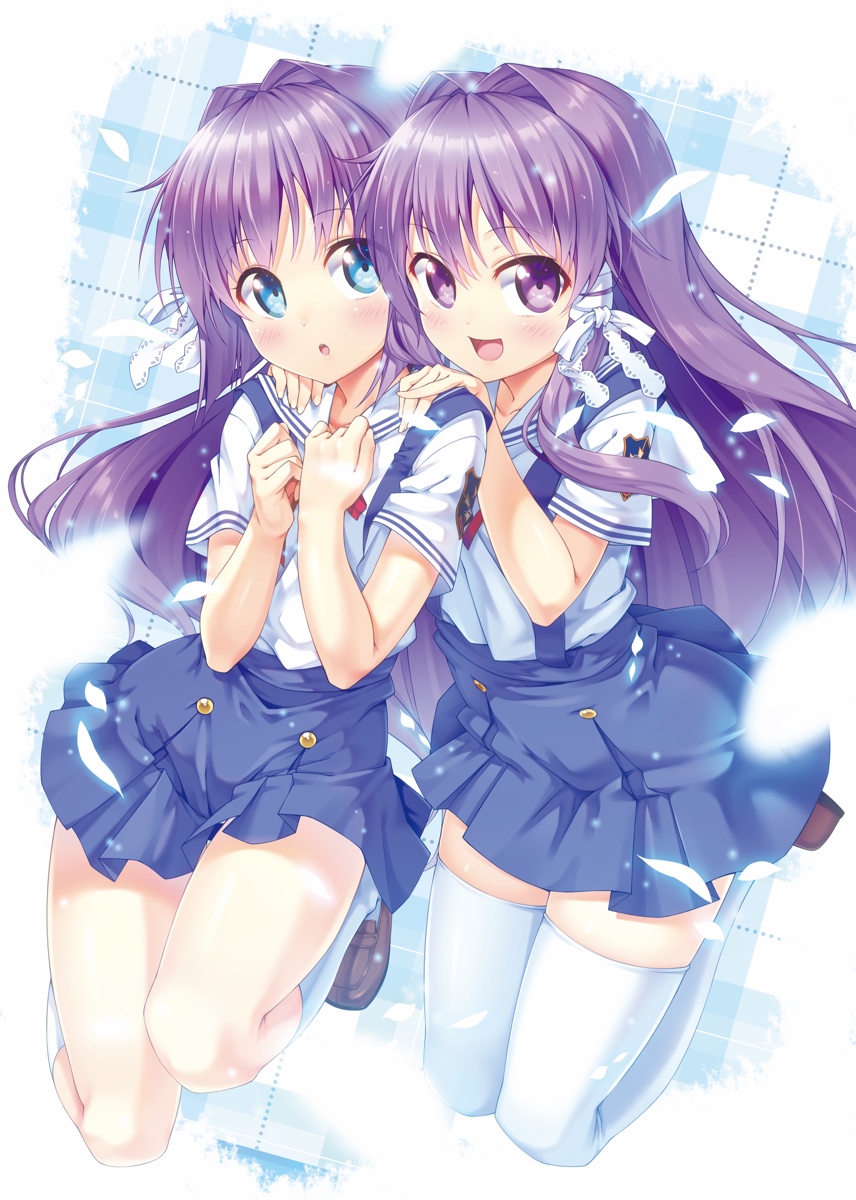 Anime 2920x4096 anime anime girls Clannad Fujibayashi Ryou Fujibayashi Kyou long hair purple hair twins artwork digital art fan art two women women looking at viewer aqua eyes skirt stockings