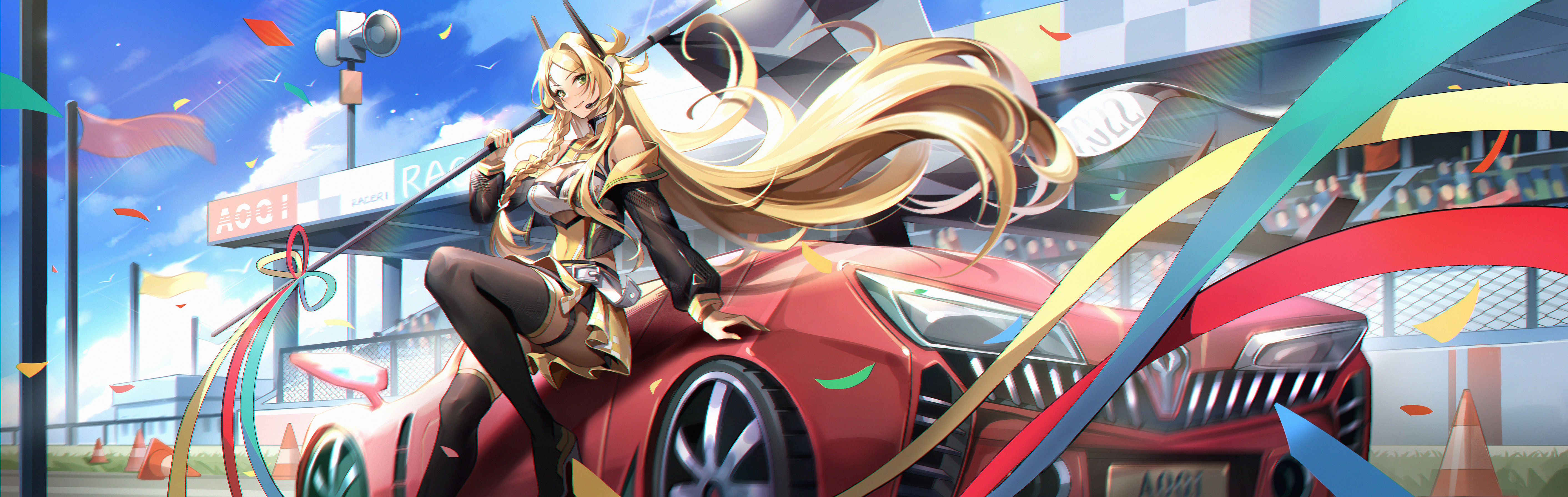 Anime 5649x1792 big boobs video game characters Race Queen Outfit anime girls car blonde race flag race cars ao qi chuan shuo
