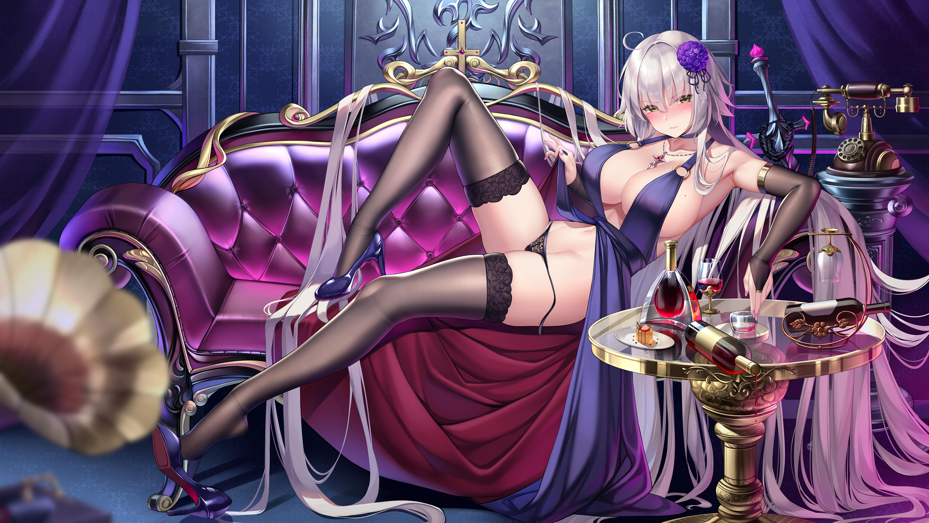 Anime 3000x1688 MeIoN Fate/Grand Order anime girls anime stockings big boobs wine sweets heels cleavage white hair panties Fate series Jeanne d'Arc (Fate) Jeanne (Alter) (Fate/Grand Order)