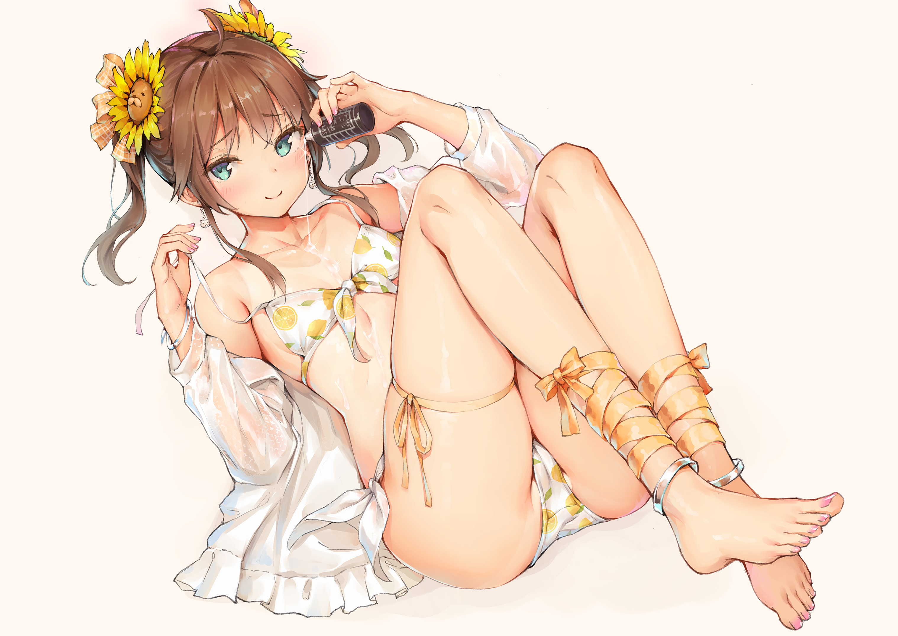 Anime 3036x2150 anime girls bikini feet white background open shirt Virtual Youtuber Natsuiro Matsuri Sy4may0 simple background legs bent legs Hololive closed mouth smiling flower in hair collarbone lemons pattern ahoge anklet frills brunette off shoulder blue eyes looking at viewer earring lying on back lying down pointed toes bracelets skindentation minimalism pouring