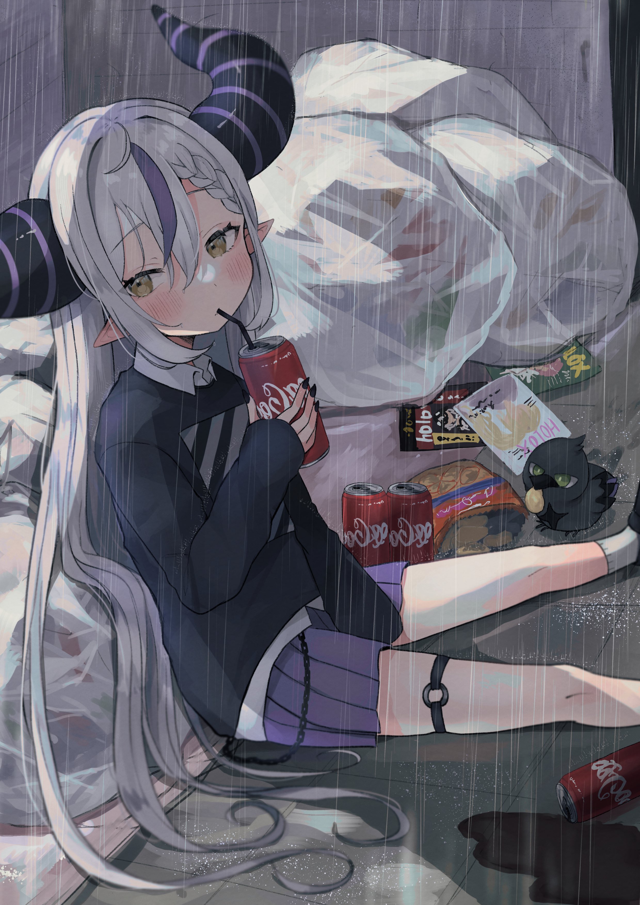 Anime 2480x3508 anime anime girls Virtual Youtuber Hololive Laplus Darknesss portrait display Coca-Cola rain horns pointy ears black nails painted nails soda drinking
