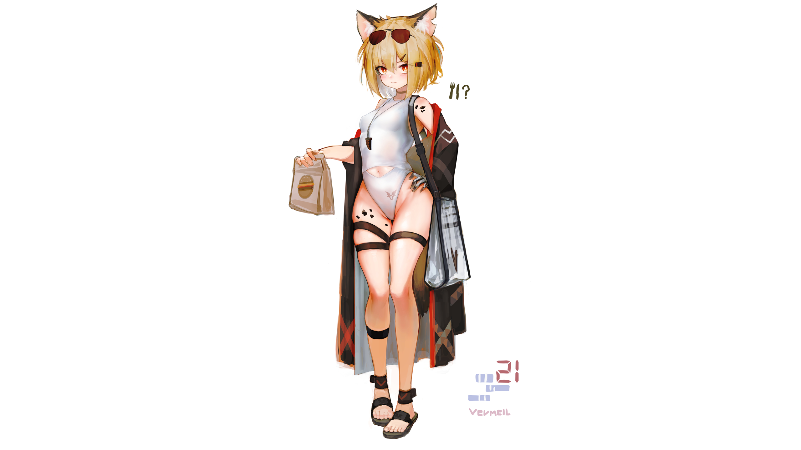 Anime 2560x1440 anime anime girls Arknights Vermeil (Arknights) swimwear white swimsuit one-piece swimsuit small boobs belly thighs animal ears fox girl simple background Timitarcat
