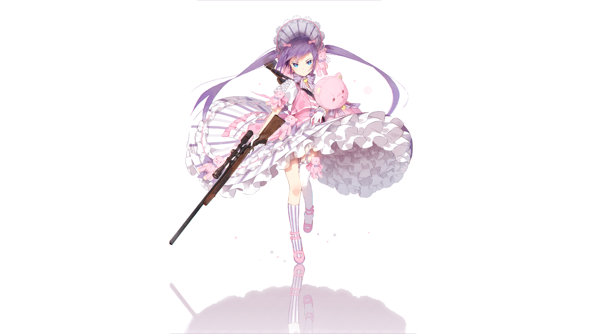 Anime 1920x1080 gun twintails pink dress teddy bears hair bows purple hair blue eyes shotgun