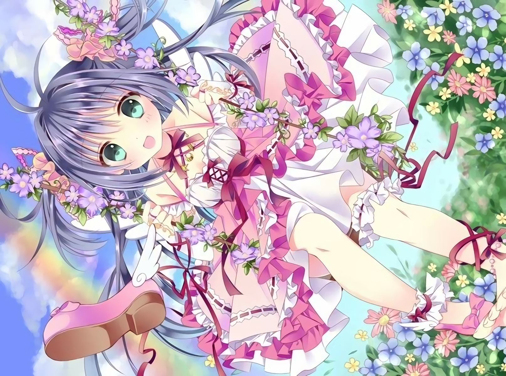 Anime 1614x1200 ribbon blue hair aqua eyes flowers pink dress twintails blushing rainbows clouds sky anime girls