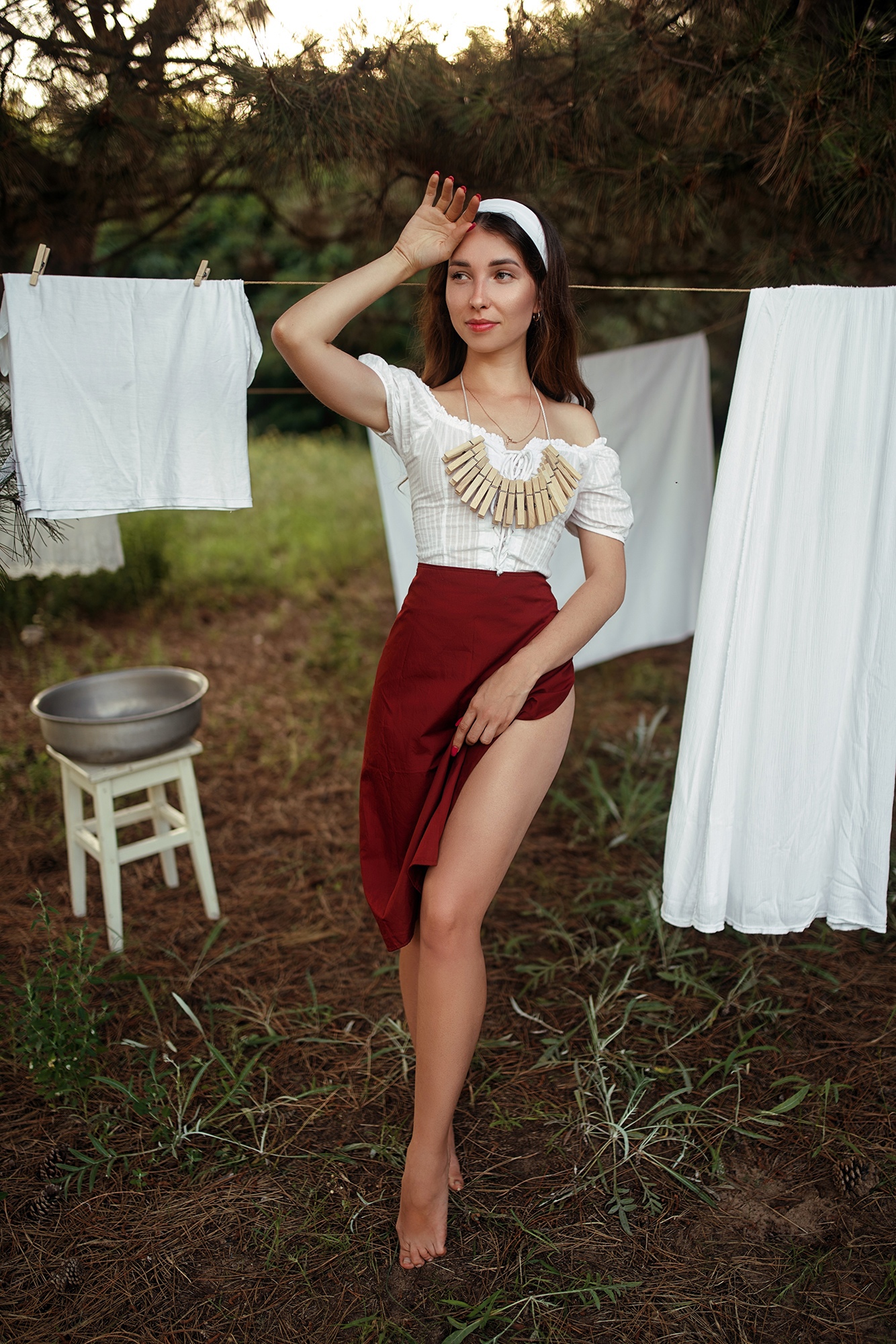 People 1334x2000 women hairband red skirt white clothing women outdoors trees looking away model brunette barefoot pointed toes laundry clothespins