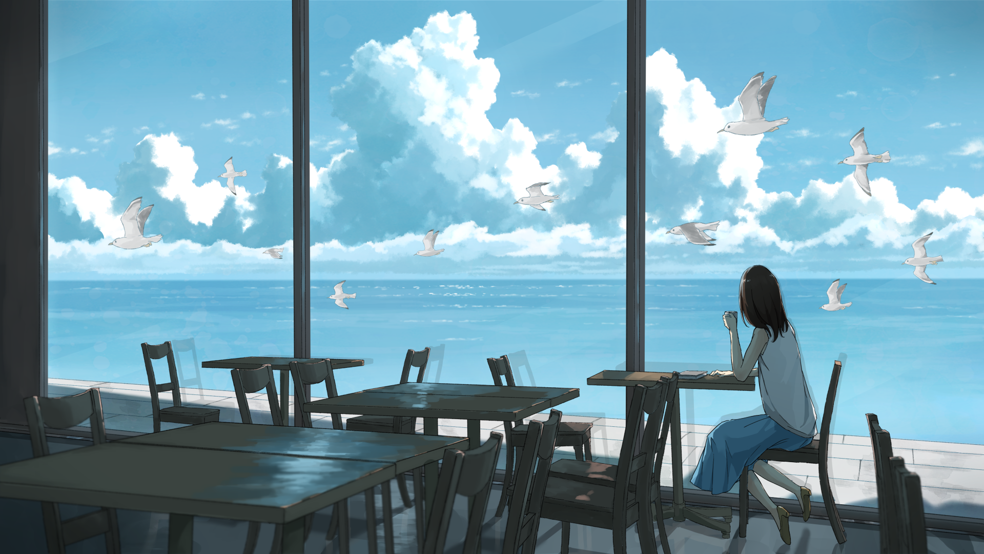 Anime 1920x1080 sky seagulls chair clouds table