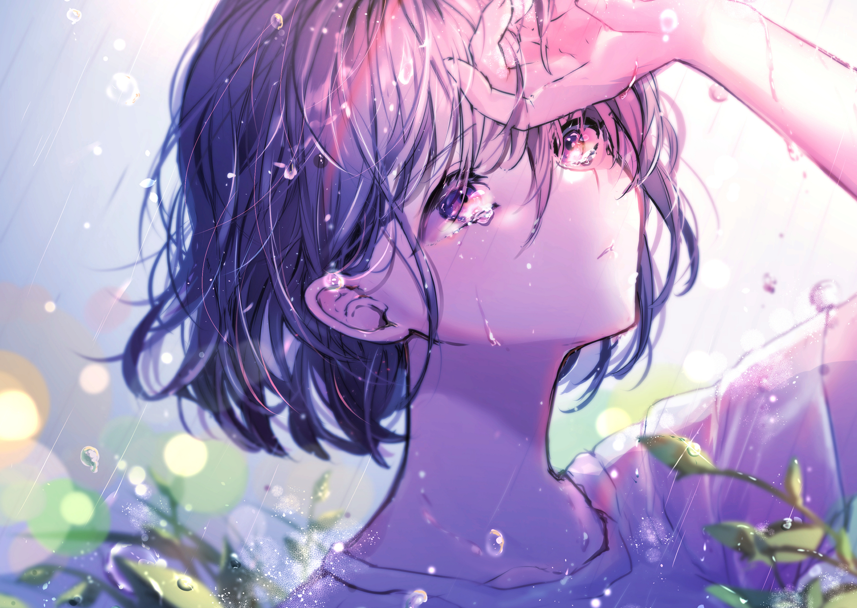 Anime 1748x1240 anime anime girls crying short hair purple eyes looking away dark hair water drops Chigiri Kurenai rain hair between eyes water