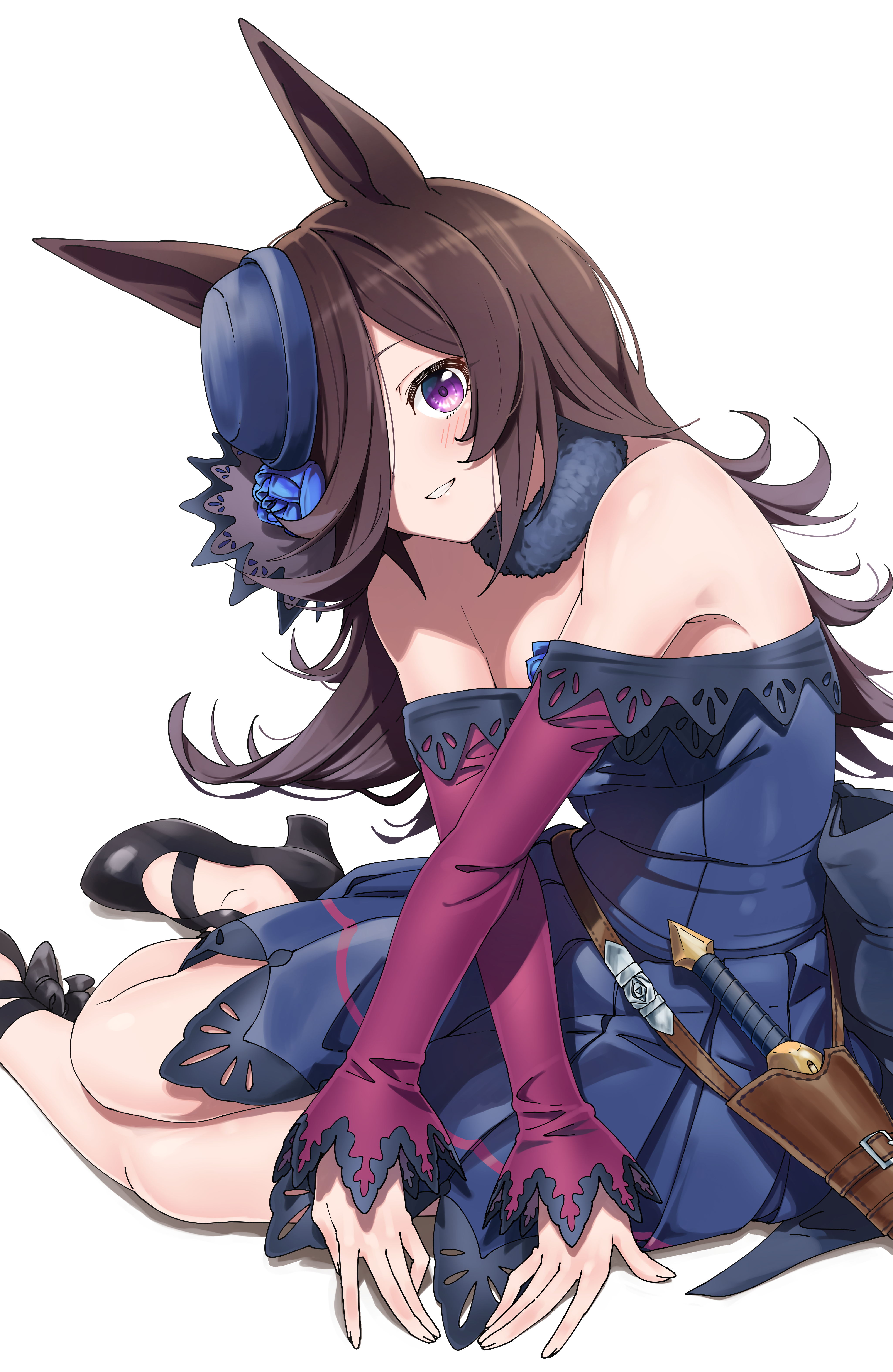 Anime 4100x6300 Uma Musume Pretty Derby blue dress dagger blushing small boobs thighs black heels cleavage no bra looking at viewer bangs hair over one eye hair in face animal ears anime girls long hair Rice Shower (Uma Musume) 2D brunette horse girls solo purple eyes parted lips smiling flower in hair simple background anime scarf fan art Shinomu (CinoMoon) artwork portrait display Pixiv
