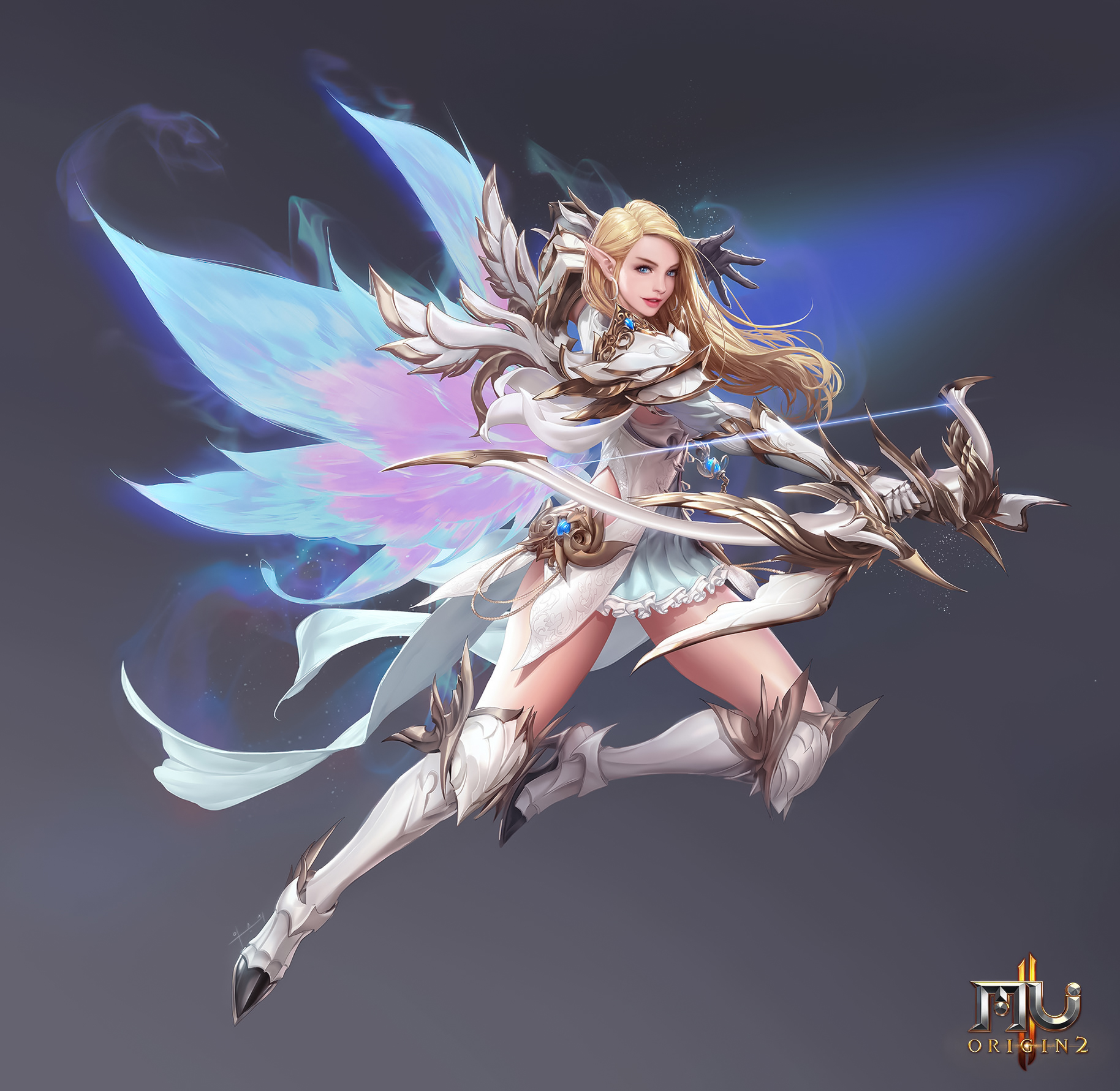 General 1828x1781 Seunghee Lee drawing women blonde long hair archer bow wings fantasy art fighting simple background