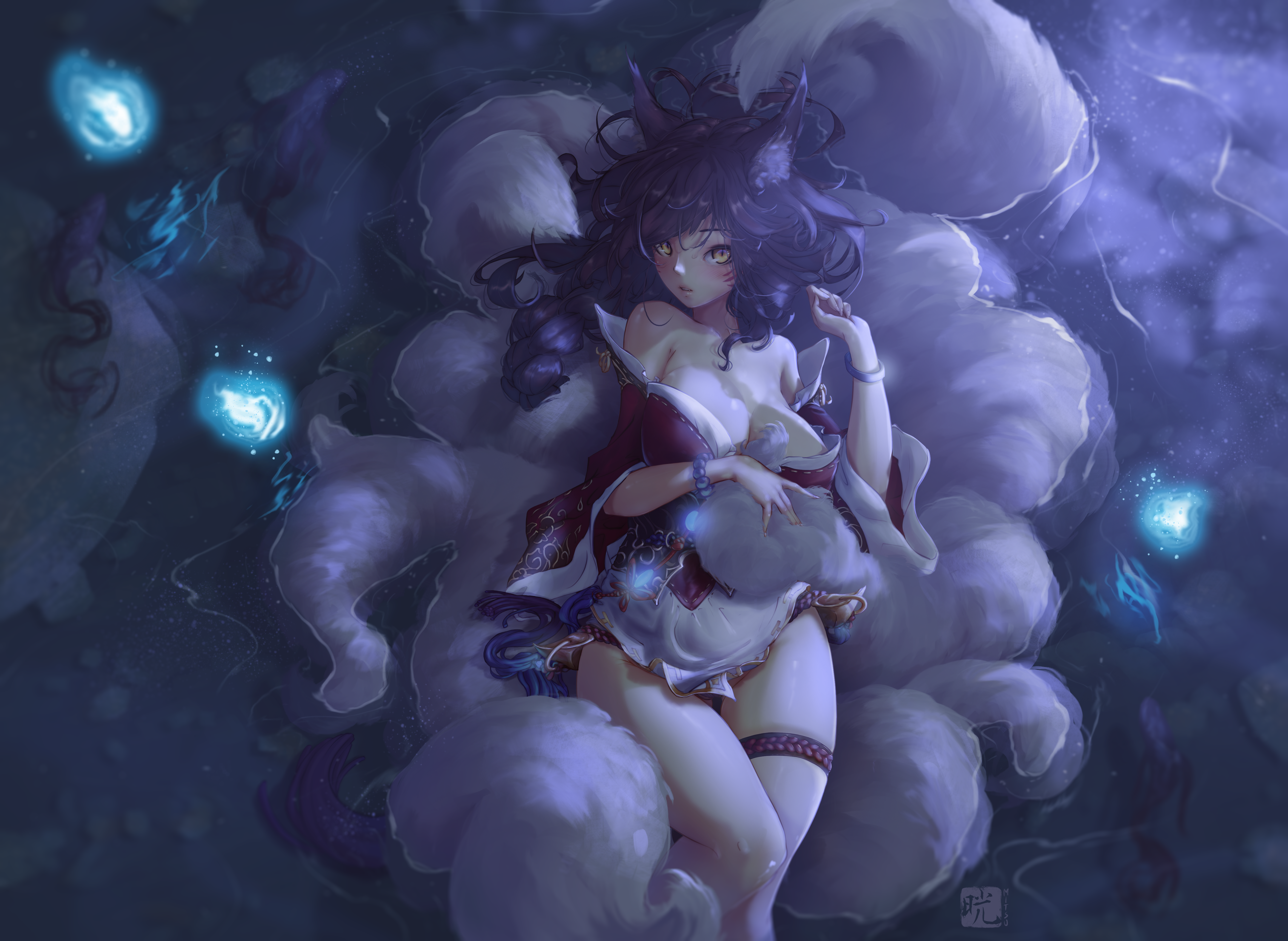 General 5603x4096 Ahri (League of Legends) League of Legends video games video game girls fantasy girl fox girl fox ears nine tails looking at viewer yellow eyes blushing parted lips bare shoulders cleavage kimono thigh strap top view night outdoors artwork video game characters drawing illustration fan art Mitsu fangs