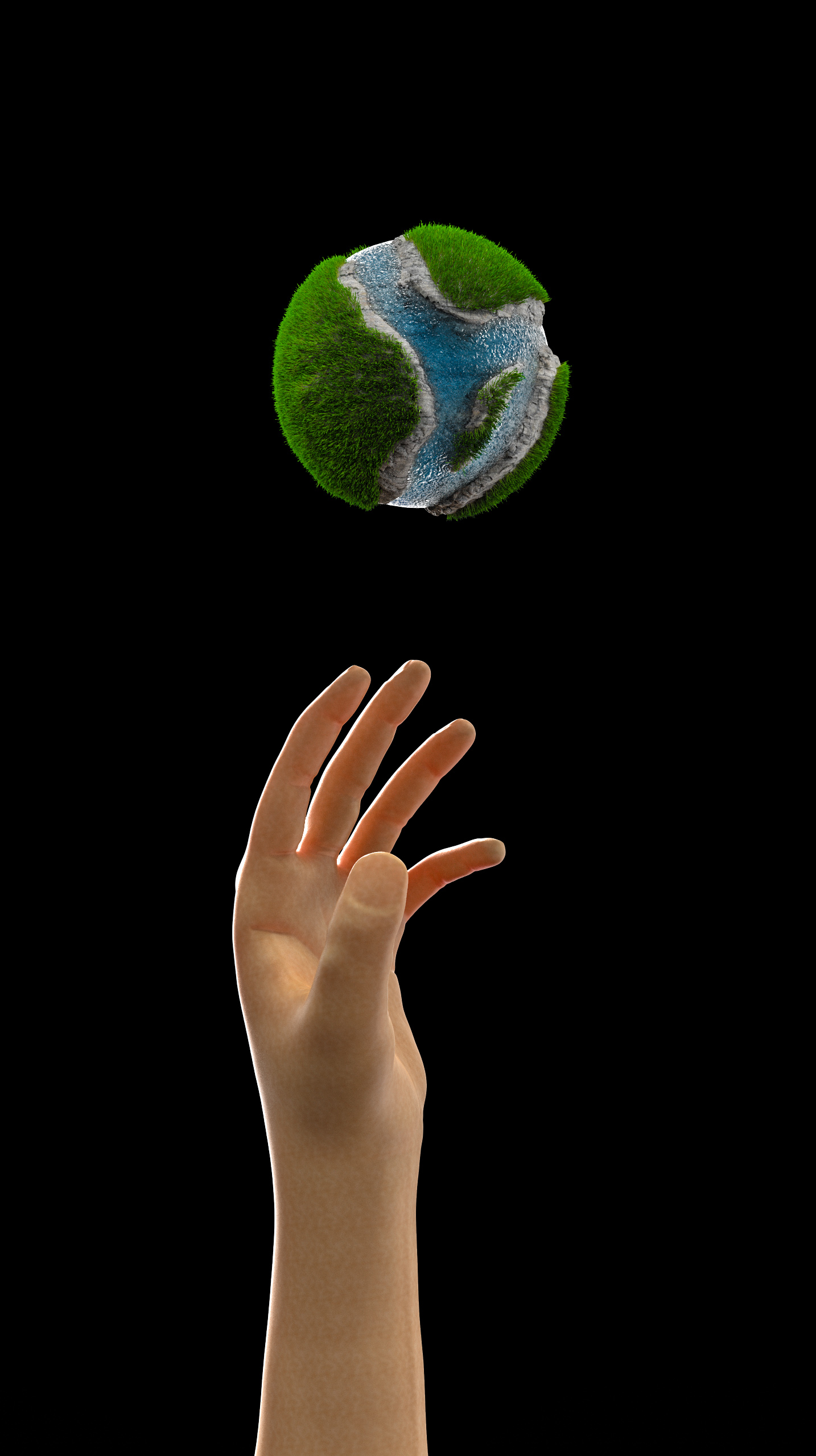General 1434x2560 hand gesture globes CGI digital art 3D sculpture grass ocean view dark background minimalism simple background skin