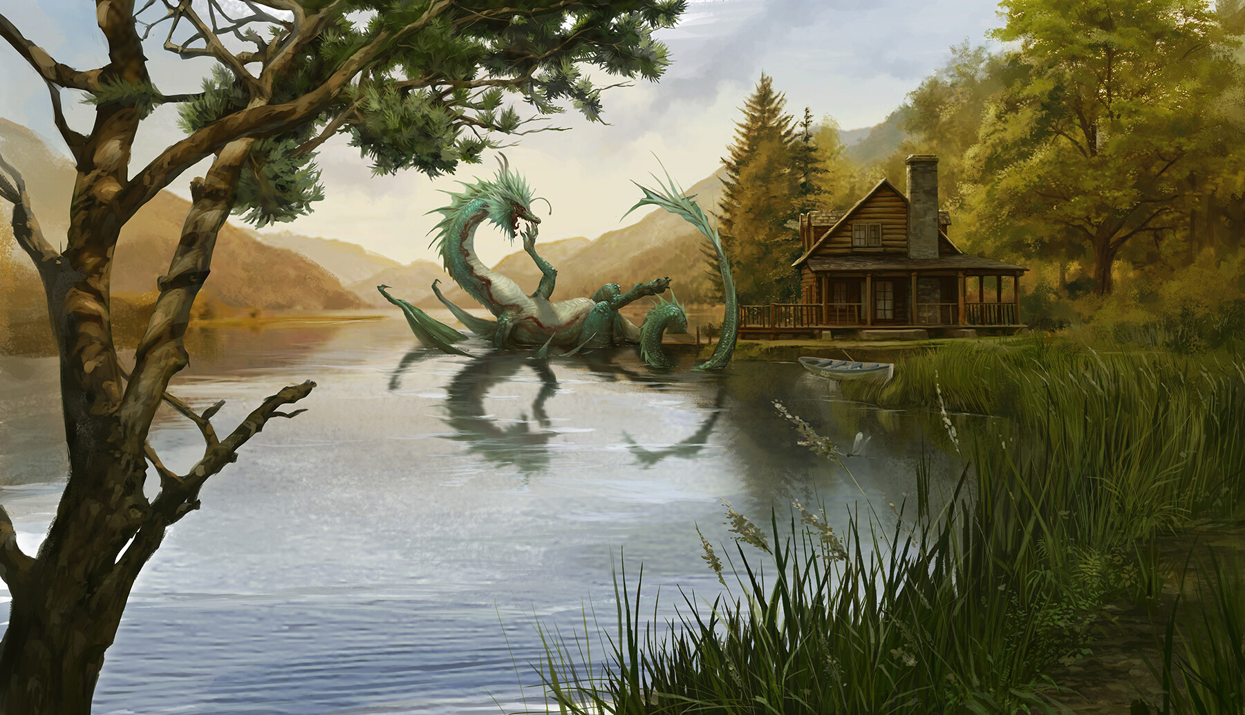 General 1801x1034 digital art fantasy art dragon godfrey escota lake cabin boat