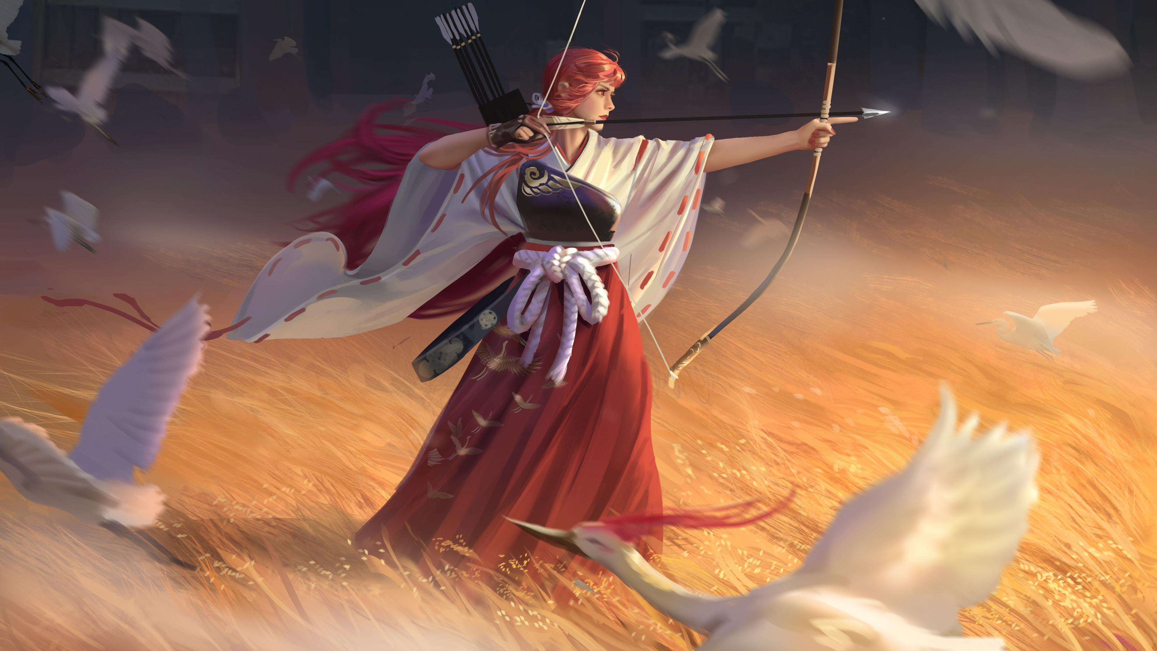 General 3800x2138 Hou China digital art artwork digital painting women bow archer painted nails redhead birds fictional character miko
