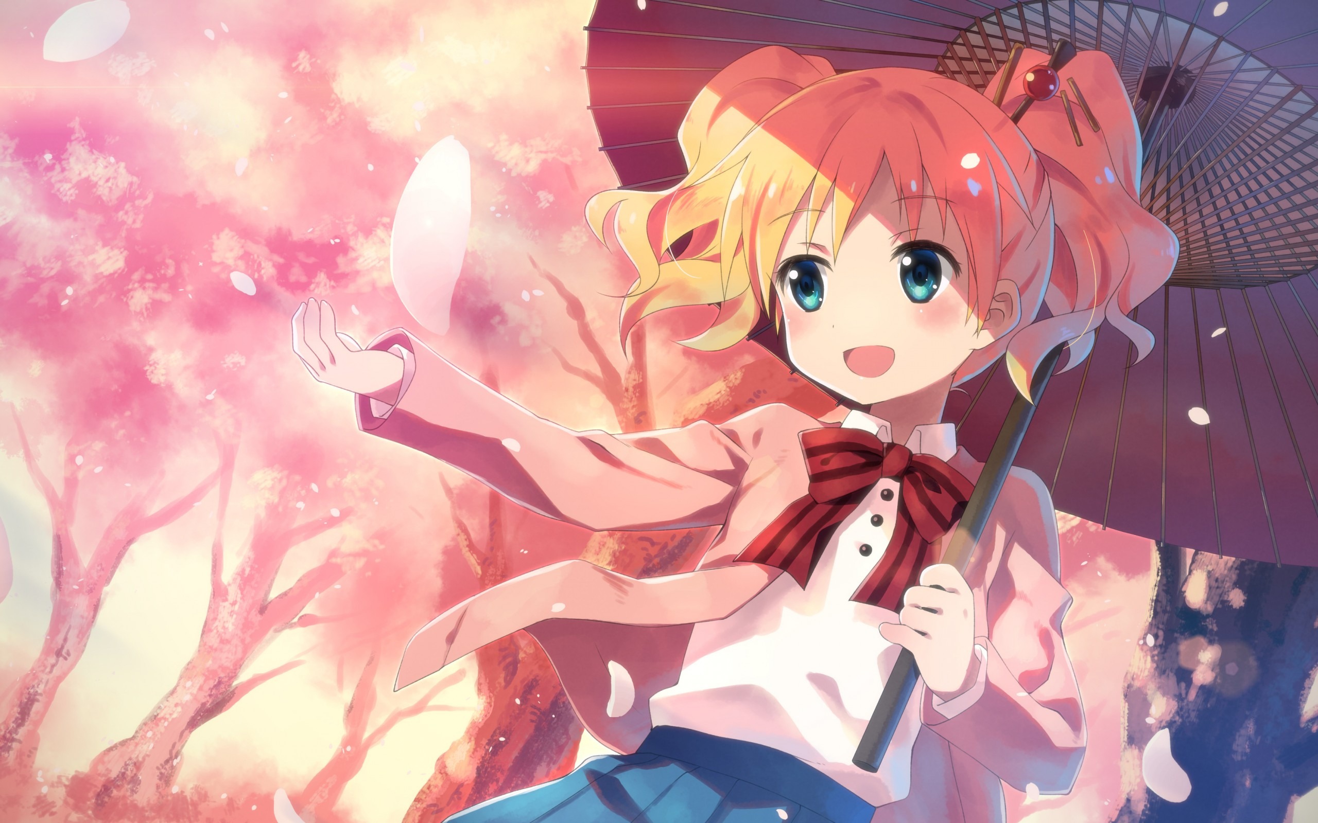 Anime 2560x1600 anime girls smiling blonde twintails cherry blossom umbrella Yuuki Tatsuya artwork Kin-Iro Mosaic Alice Cartelet