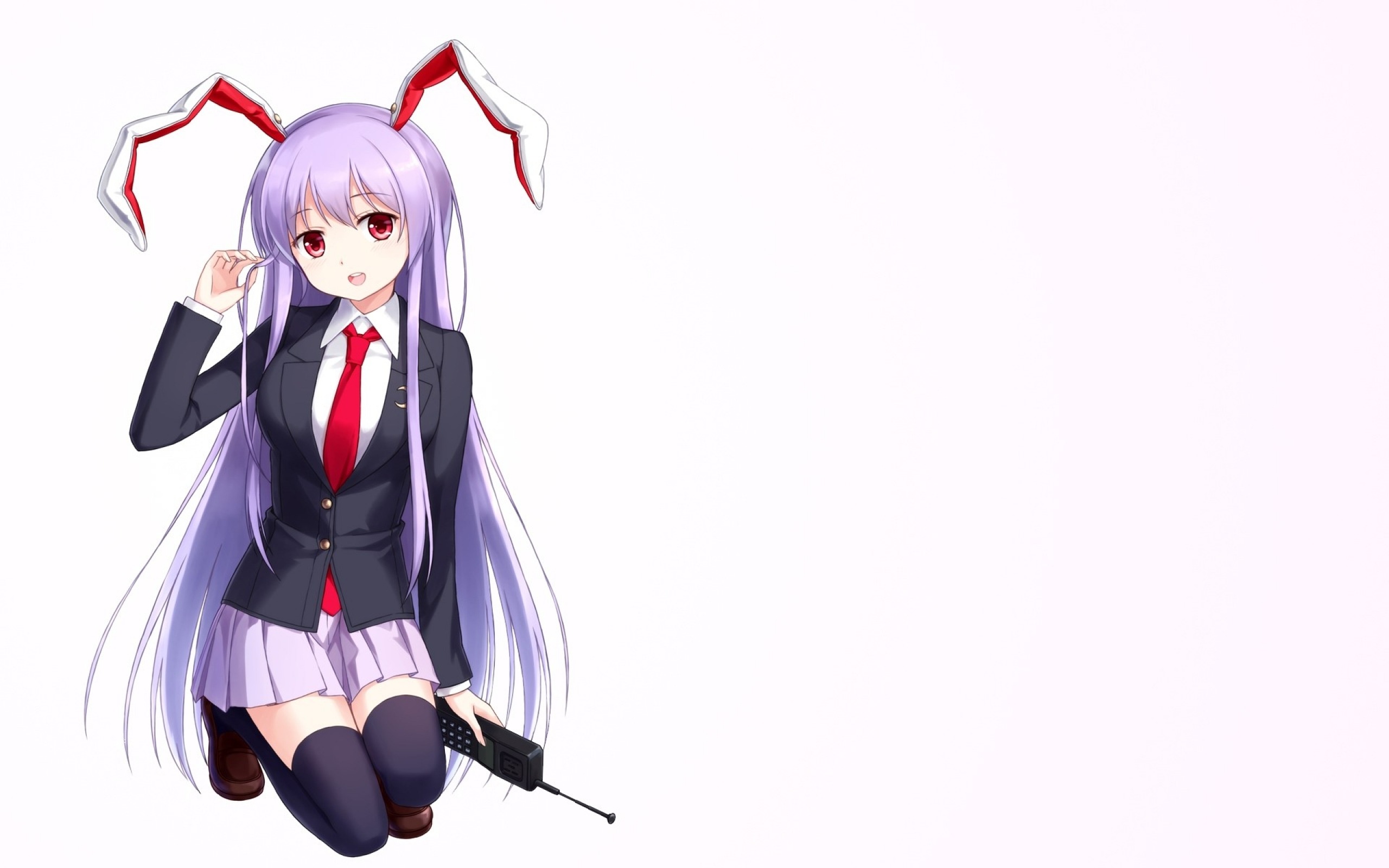 Anime 2560x1600 anime girls anime bunny ears legs together red eyes purple hair long hair simple background white background looking at viewer cellphone tie suits stockings black stockings Reisen Udongein Inaba Touhou