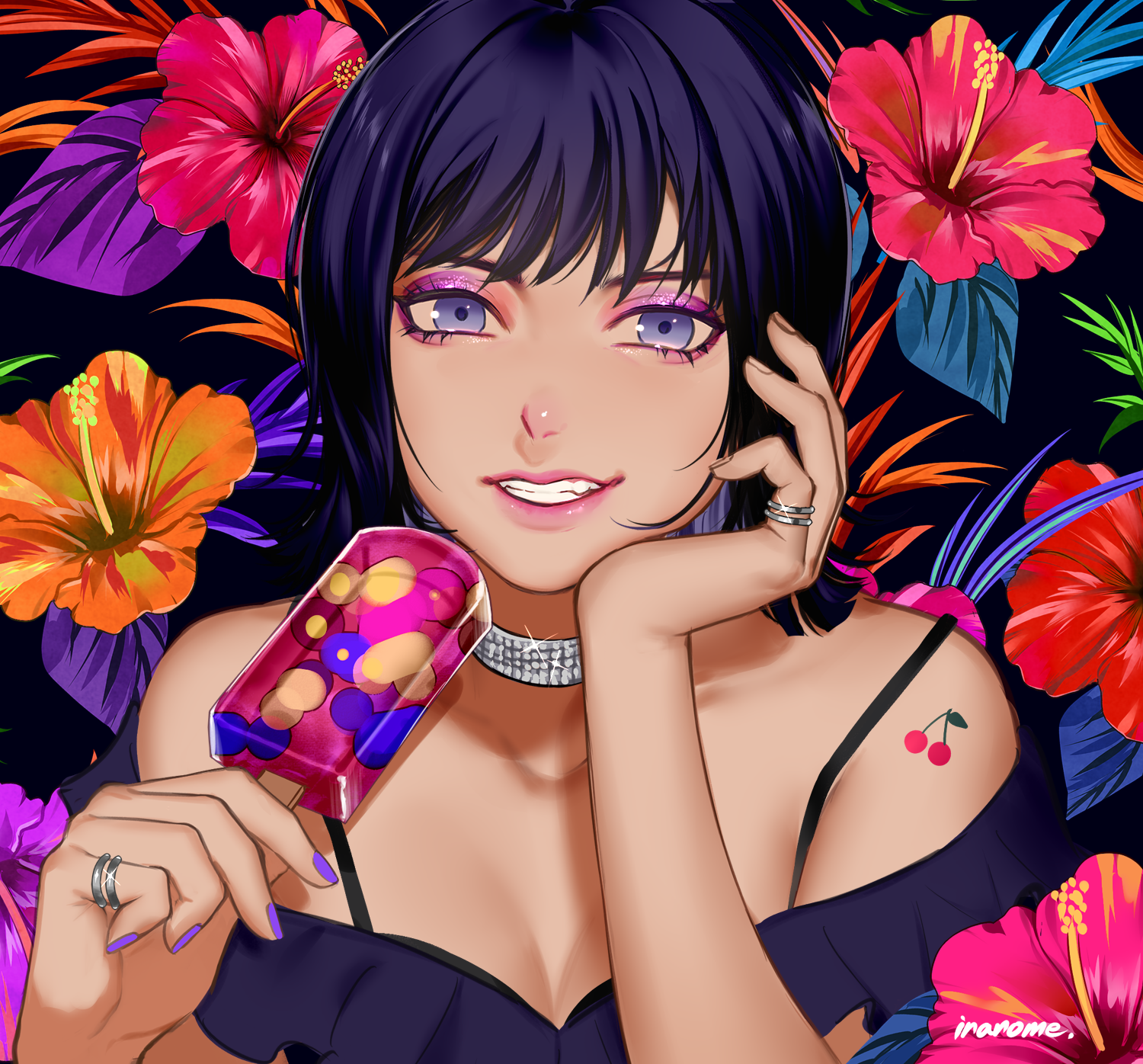Anime 1500x1396 anime anime girls ice cream necklace rings flowers smiling dress purple nails short hair purple eyes purple hair