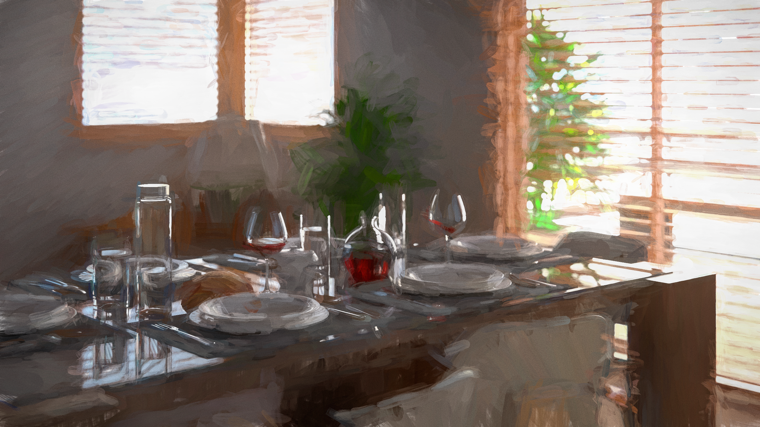 General 2560x1440 CGI digital art Shader oil painting painting table indoors wine drink