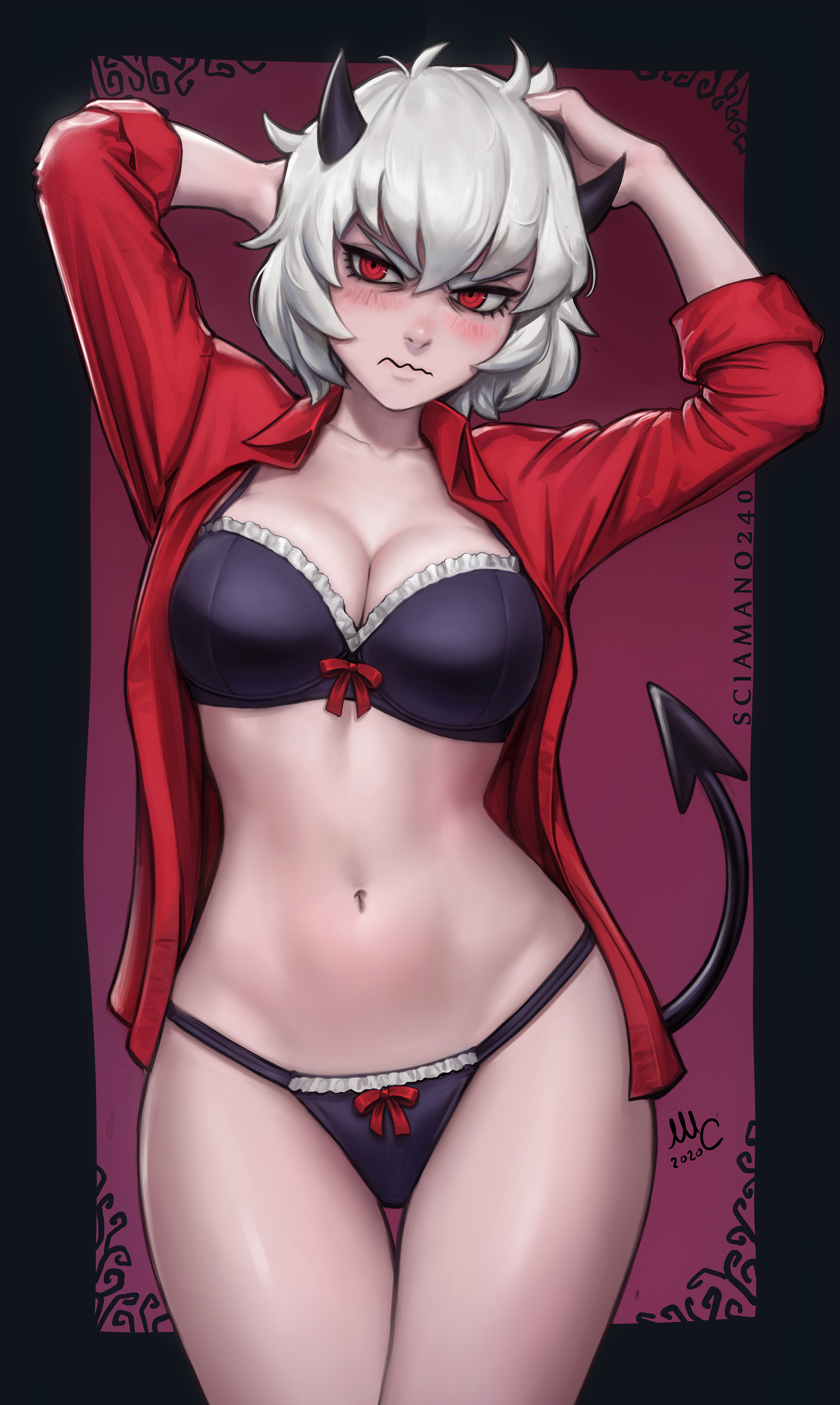 General 1795x3000 drawing Mirco Cabbia portrait display women bra cleavage belly Malina (Helltaker) demon horns tail silver hair short hair blushing red eyes open shirt underwear video game characters demon tail demon horns