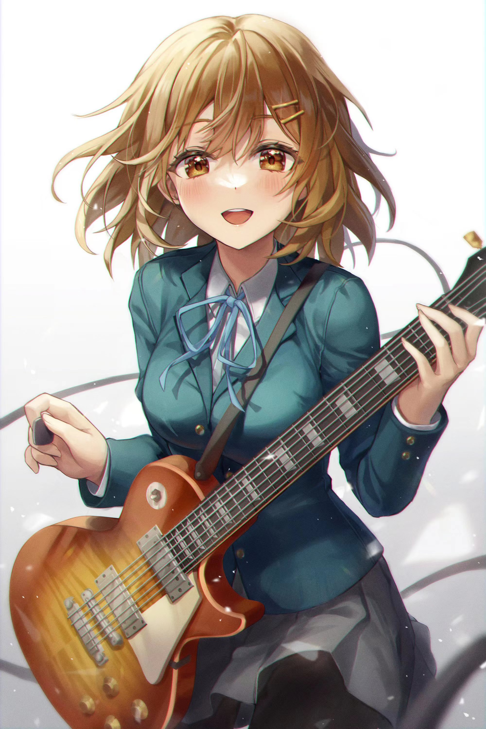 Anime 2000x3000 anime anime girls Aibek K-ON! guitar Hirasawa Yui smiling schoolgirl school uniform brown eyes blushing electric guitar brunette looking at viewer Gibson musical instrument skirt simple background frills open mouth short hair white background portrait display