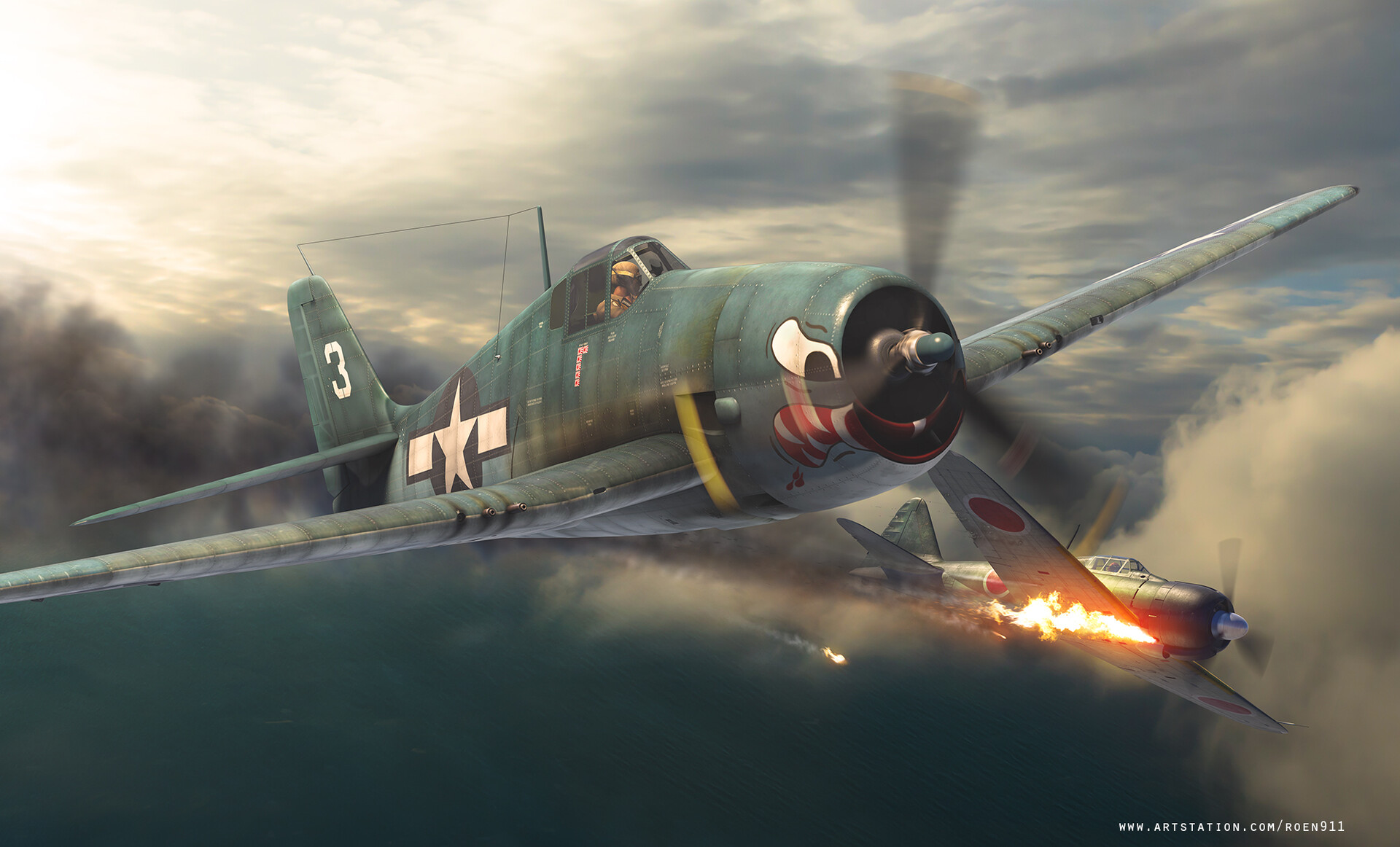 General 1920x1162 aircraft vehicle military military vehicle dogfight military aircraft artwork propeller Grumman F6F Hellcat American aircraft smoke sky clouds fire water sunlight pilot men frontal view watermarked