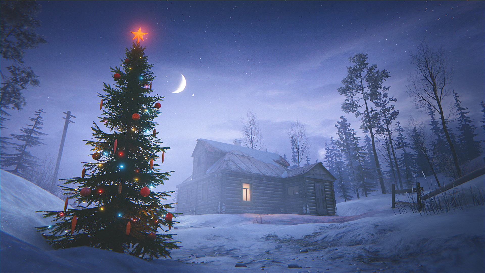 General 1920x1080 New Year Christmas tree 35MM snow Moon night stars house CGI