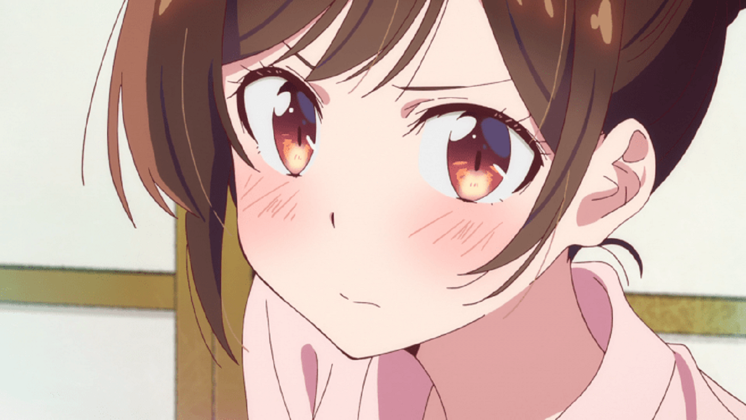 Anime 1457x820 Chizuru Mizuhara brunette brown eyes blushing Kanojo, Okarishimasu (Rent-a-Girlfriend) anime girls face