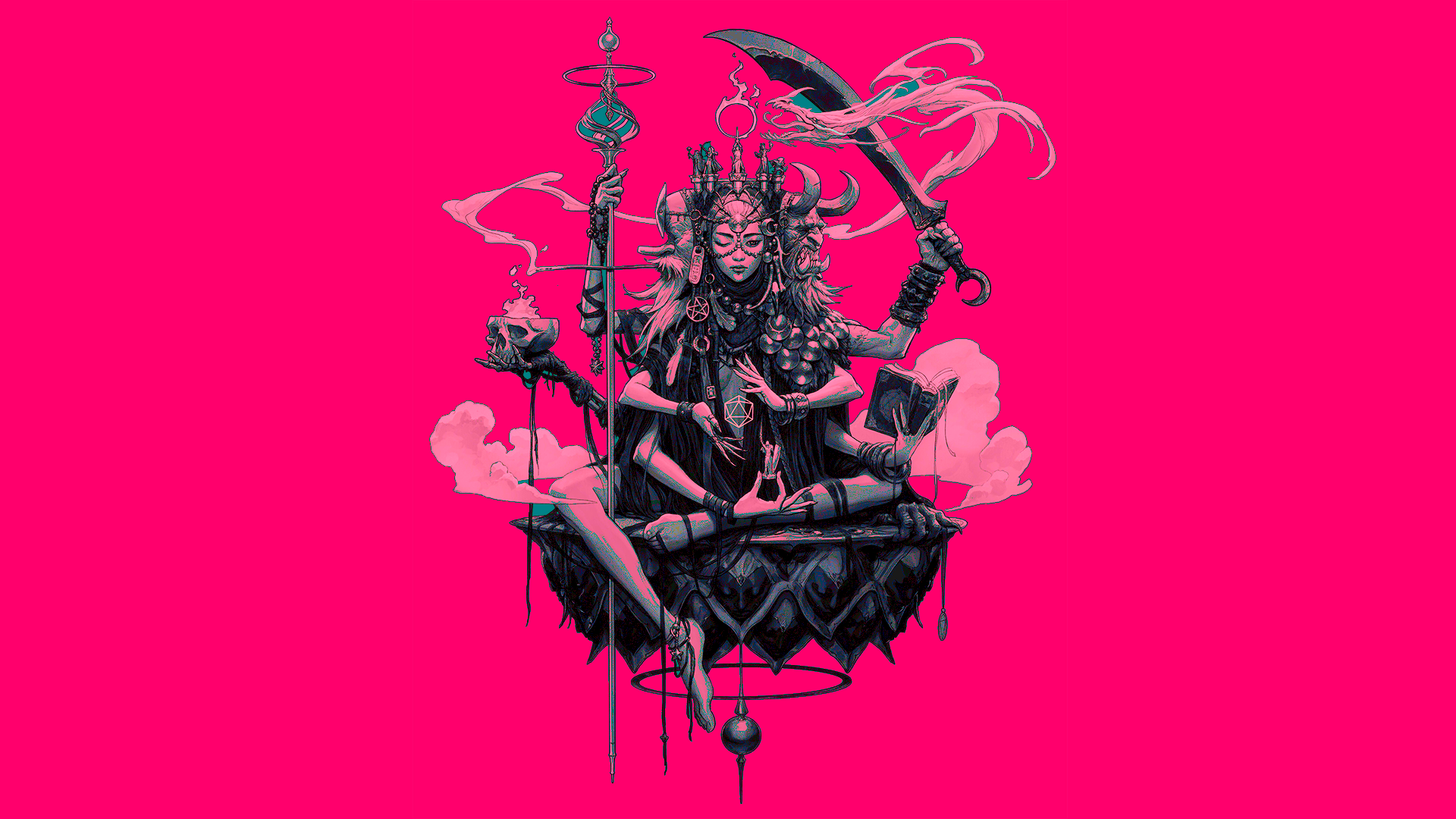 General 1920x1080 digital art sword smoke skull staff Hindu Mythology pink pink background wink fantasy art