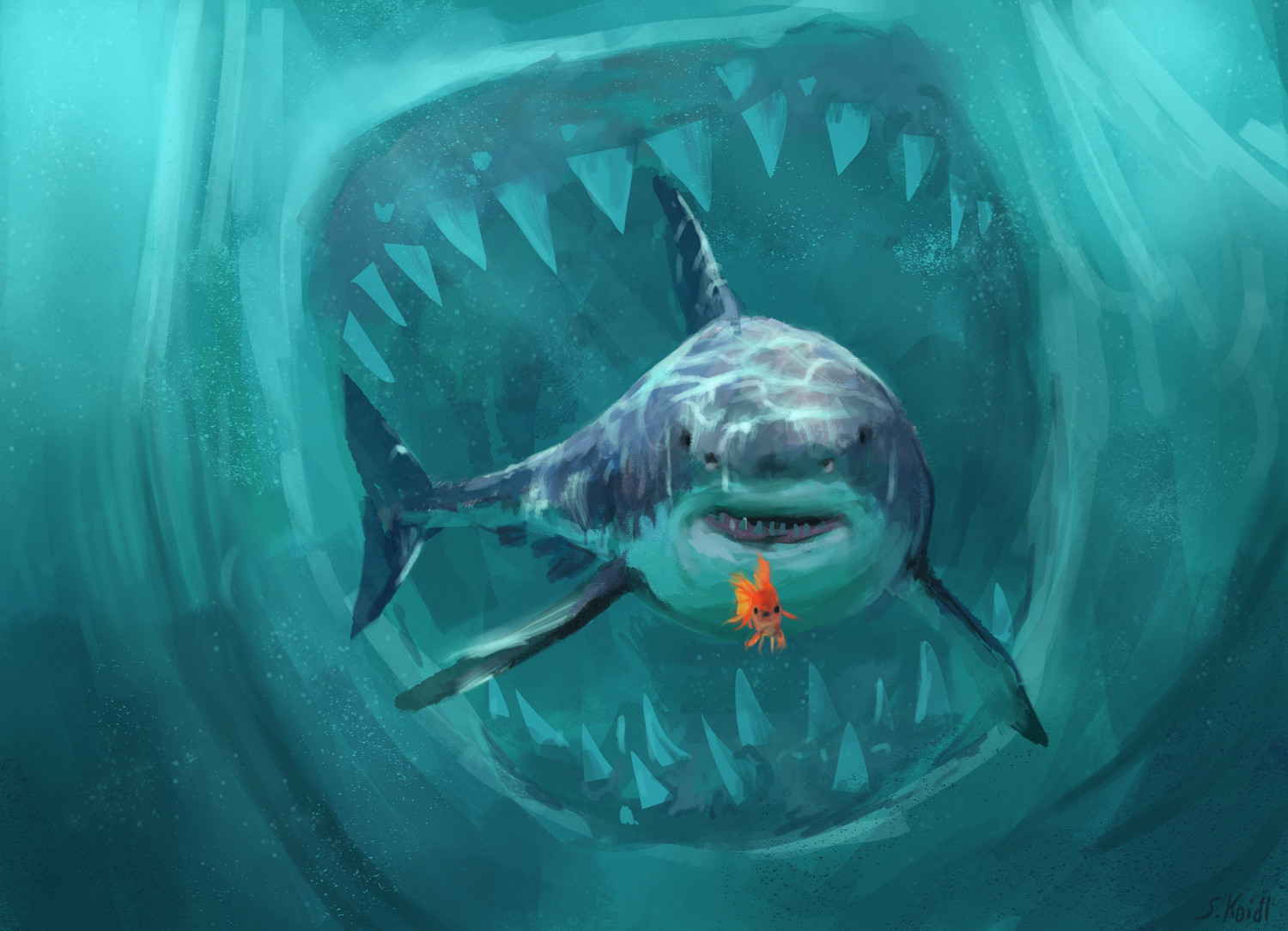 General 1500x1084 artwork shark goldfish megalodon cyan
