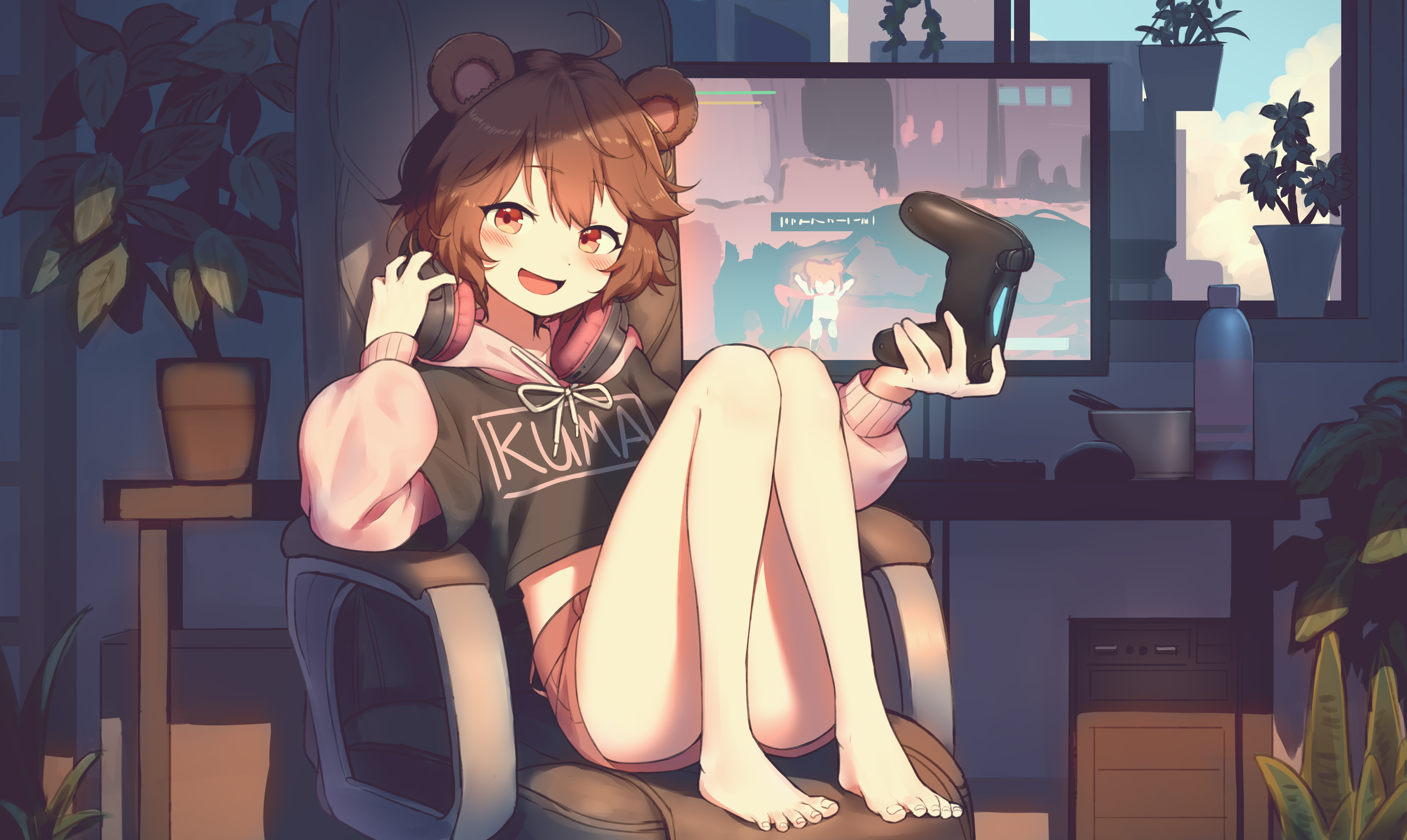 Anime 4000x2390 anime anime girls digital art 2D artwork looking at viewer petite belly red eyes loli blushing sitting barefoot headphones controllers leaves smiling armchair feet