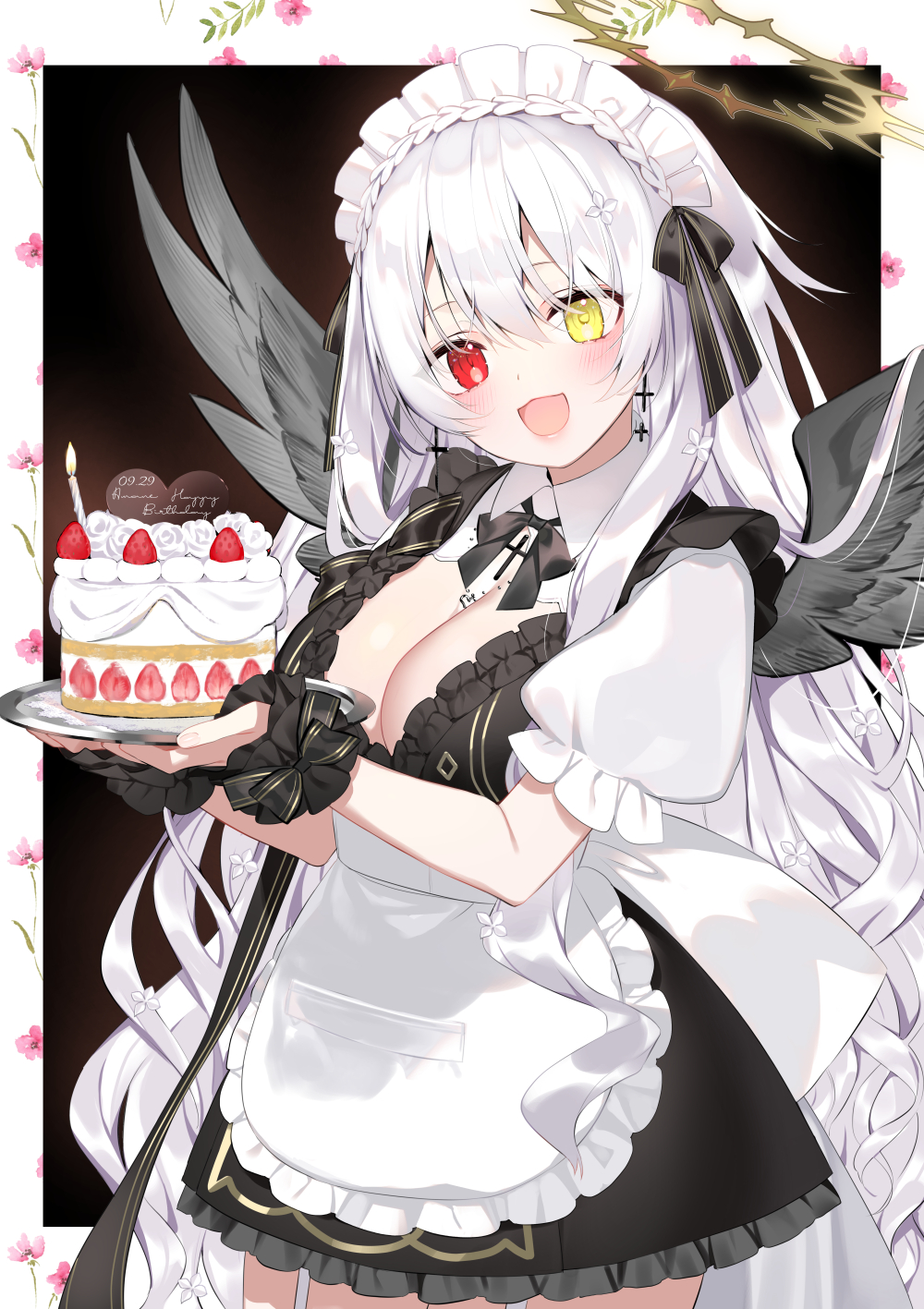 Anime 1000x1417 anime girls anime heterochromia maid maid outfit cake cleavage white hair