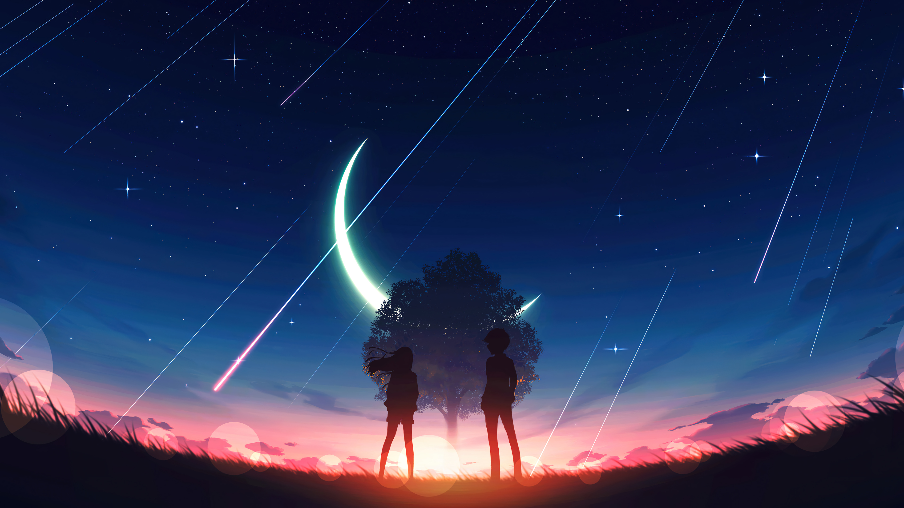 anime, anime girls, sunset, stars, starry night | 3840x2160 Wallpaper -  