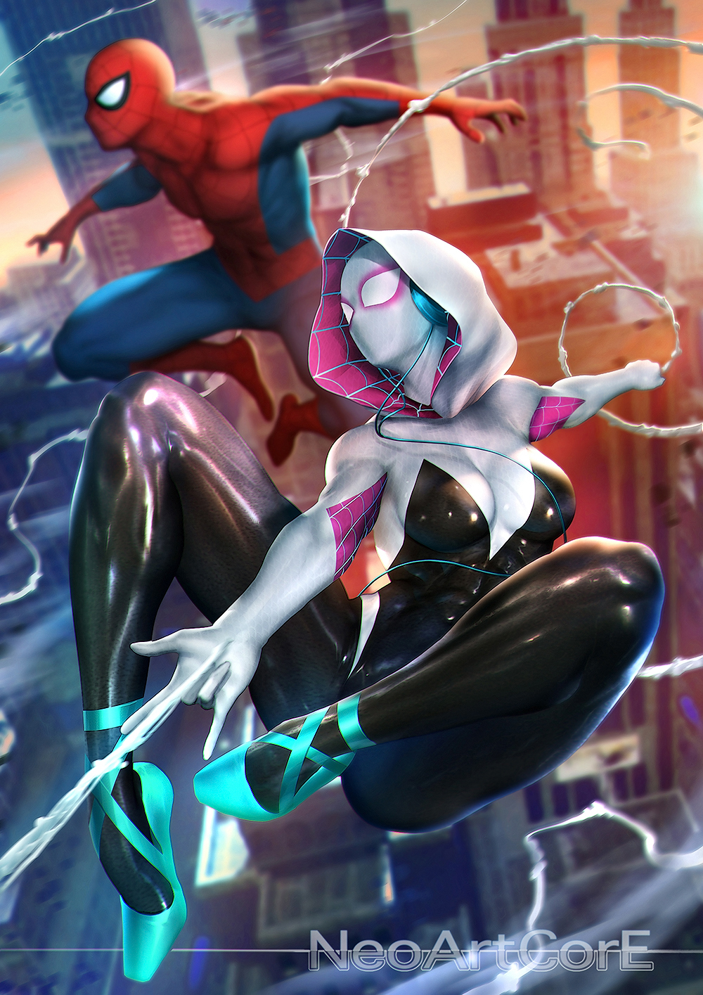 General 1000x1415 NeoArtCorE (artist) drawing Spider-Man Spider Gwen Marvel Comics spiderwebs city hoods digital art