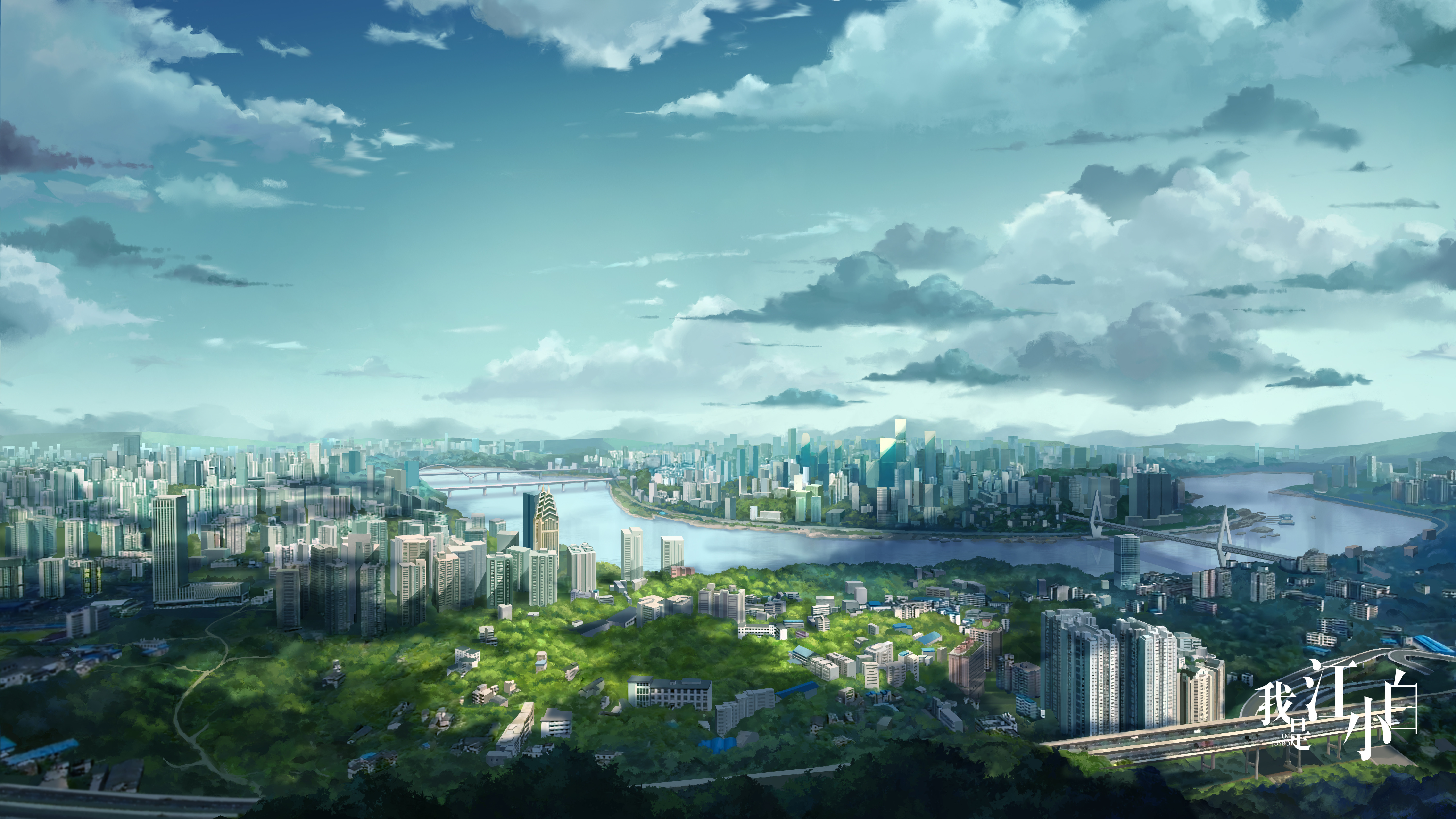 Anime 6000x3375 sky clouds landscape building