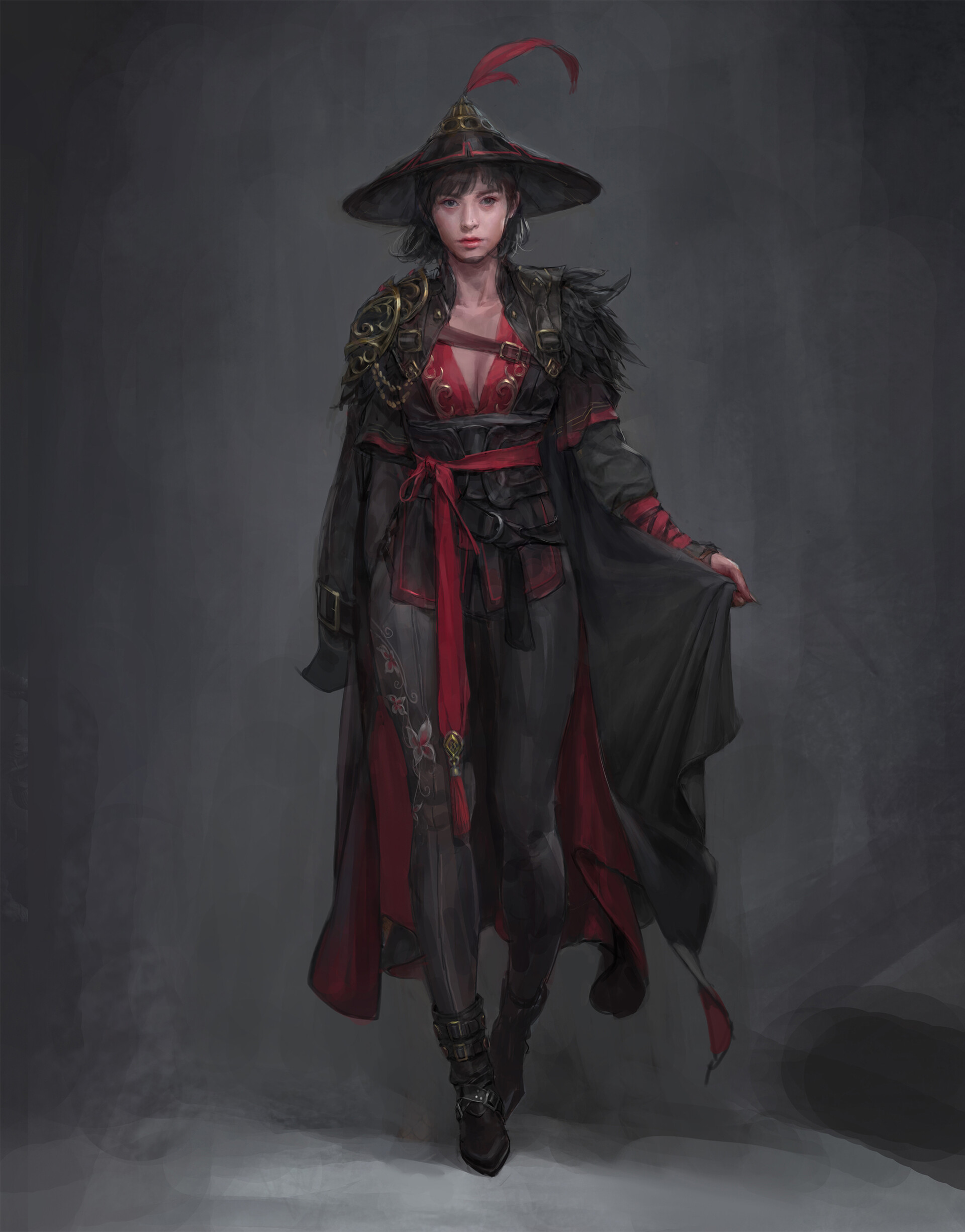 General 1920x2449 Kim Ssang drawing women hat Feudal Japan holding clothes black clothing walking gray simple background portrait display digital art
