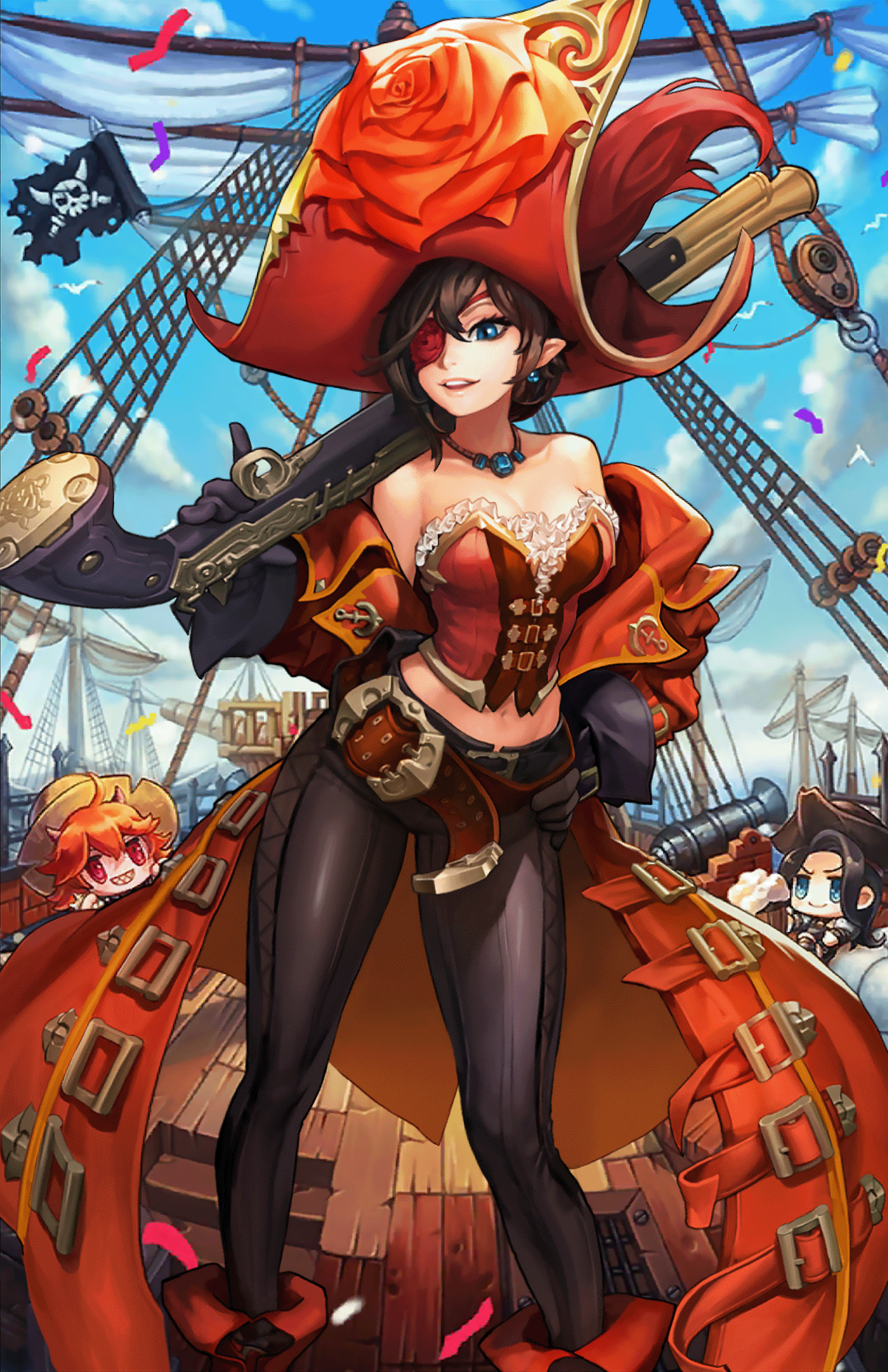 Anime 1799x2778 Guardian Tales Rachel (Guardian Tales) pirate hat pirate girl blue eyes big gun Pirate ship Pirate Flag anime girls anime PC gaming girls with guns pirates fantasy art fantasy girl video game girls weapon eyepatches video game characters