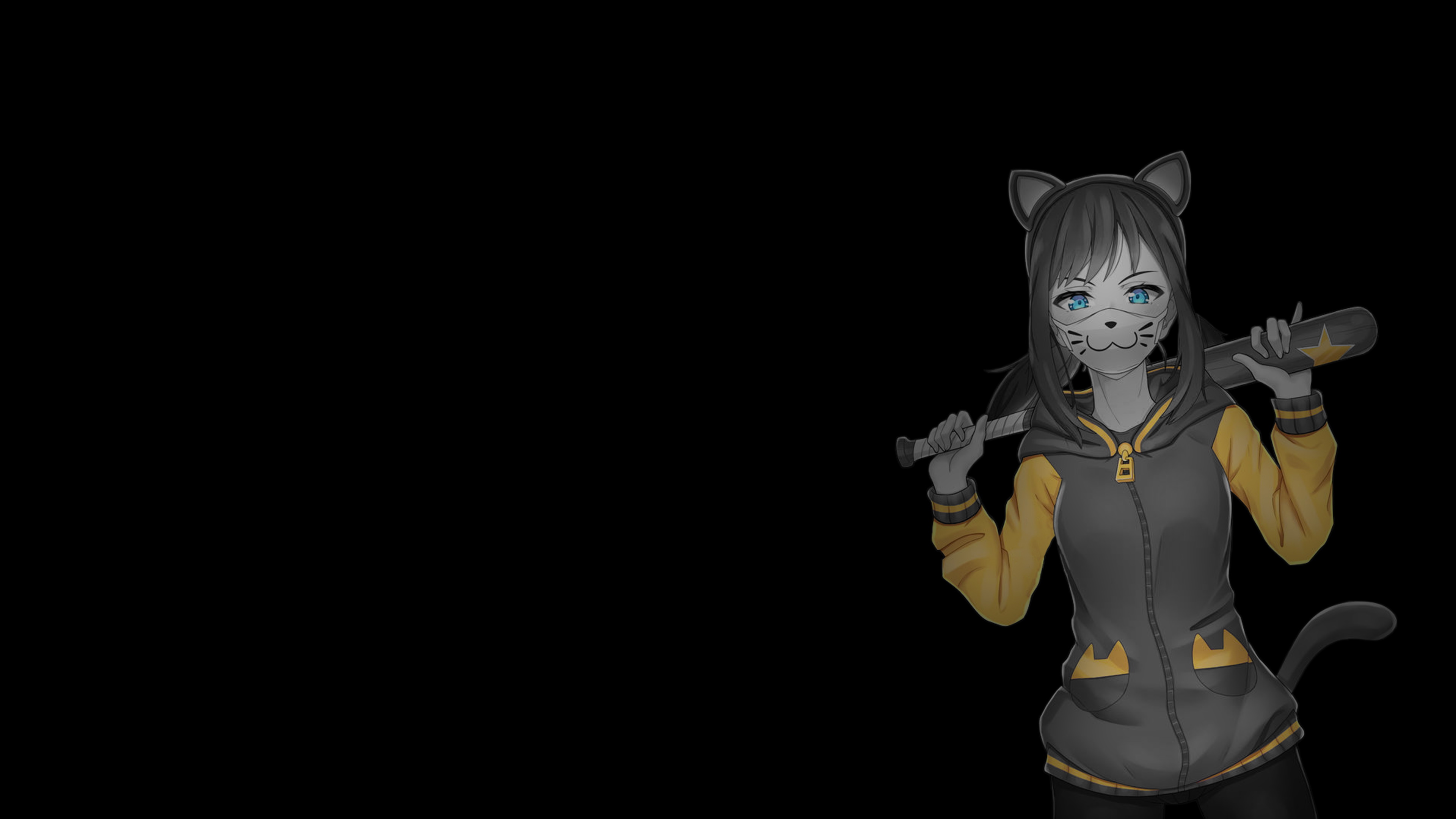 Anime 3840x2160 selective coloring black background dark background simple background anime girls cat ears cat girl cat tail baseball bat
