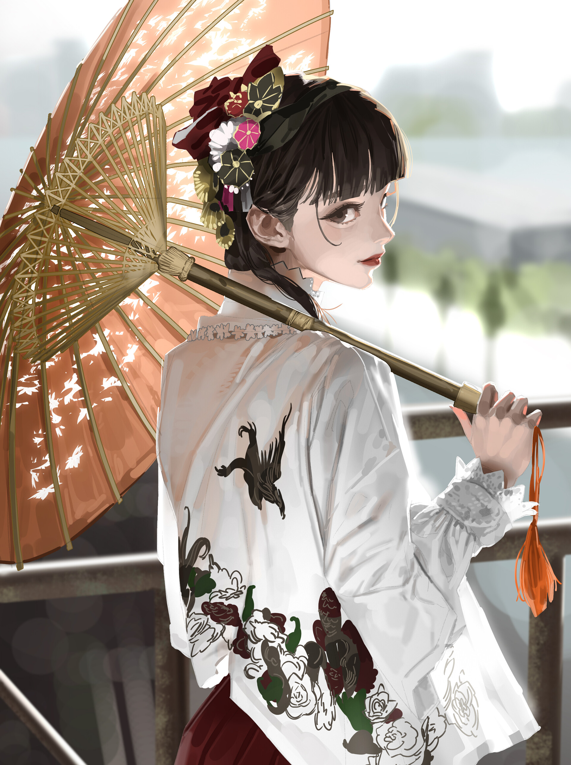 General 1920x2574 digital art artwork illustration women portrait umbrella kimono Asian dark hair short hair