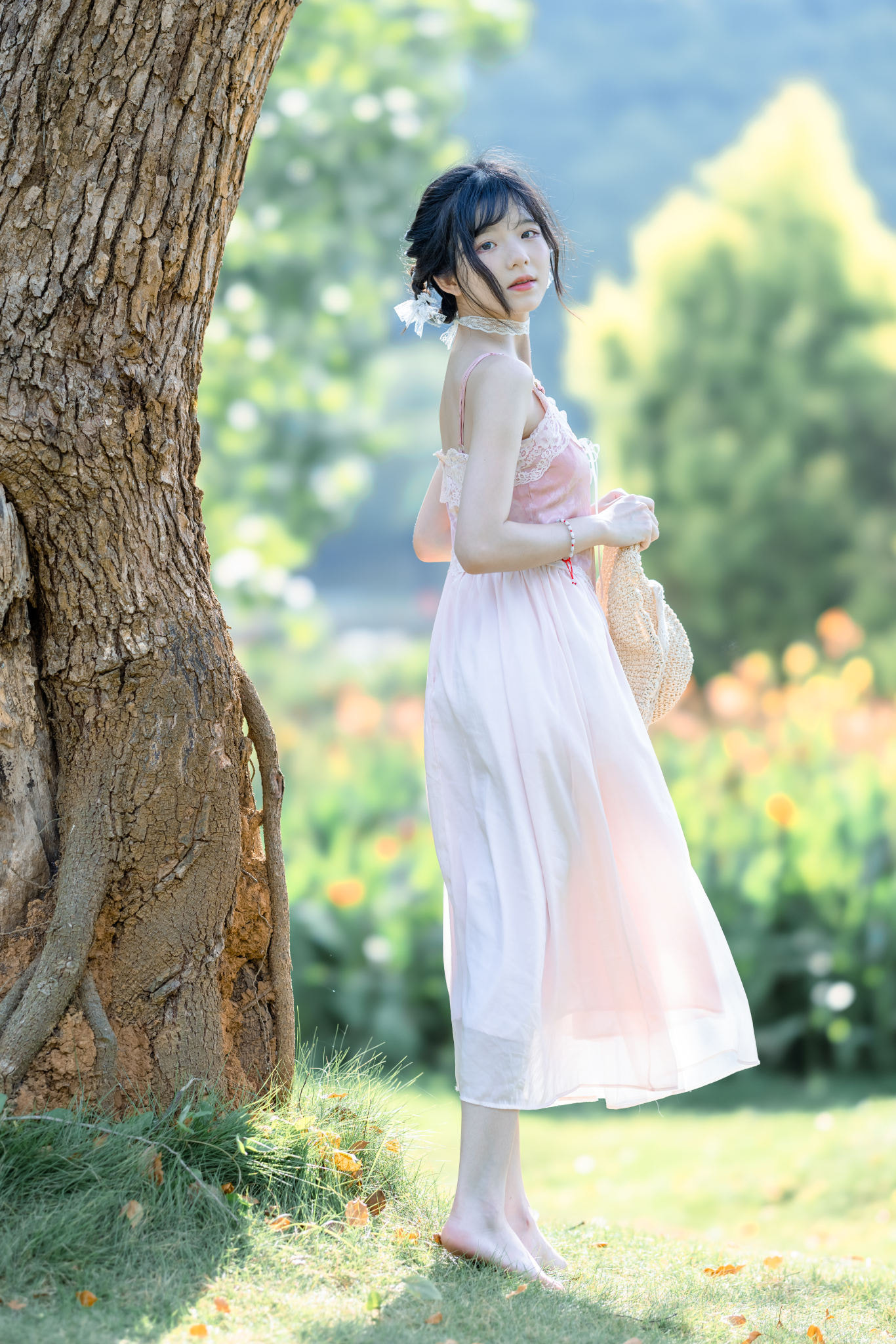 People 1366x2048 Qin Xiaoqiang women Asian dark hair dress white clothing barefoot trees outdoors