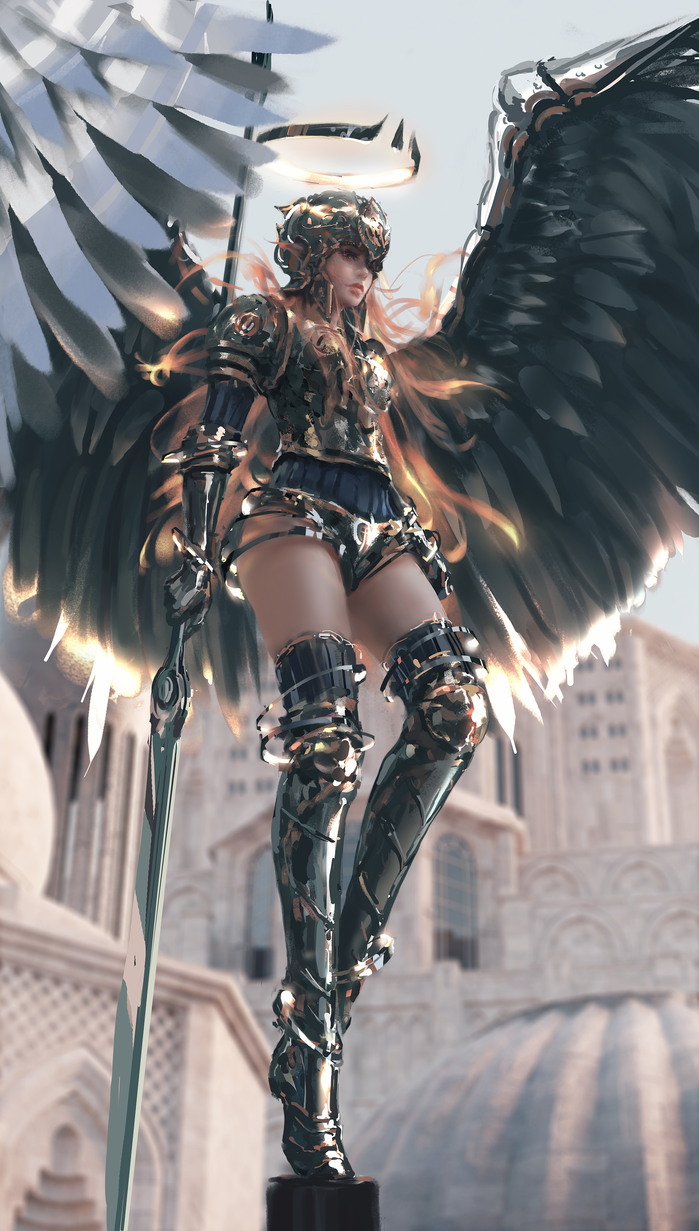 Anime 2386x4200 WLOP artwork Ghostblade women wings armor